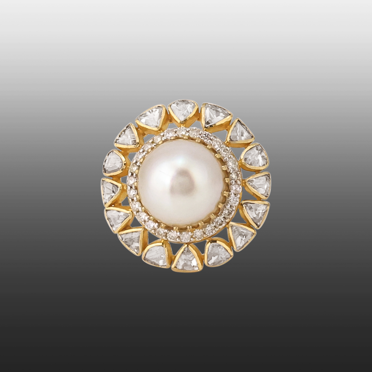 Pearl Ring with Polki and Full-Cut Diamond Halo