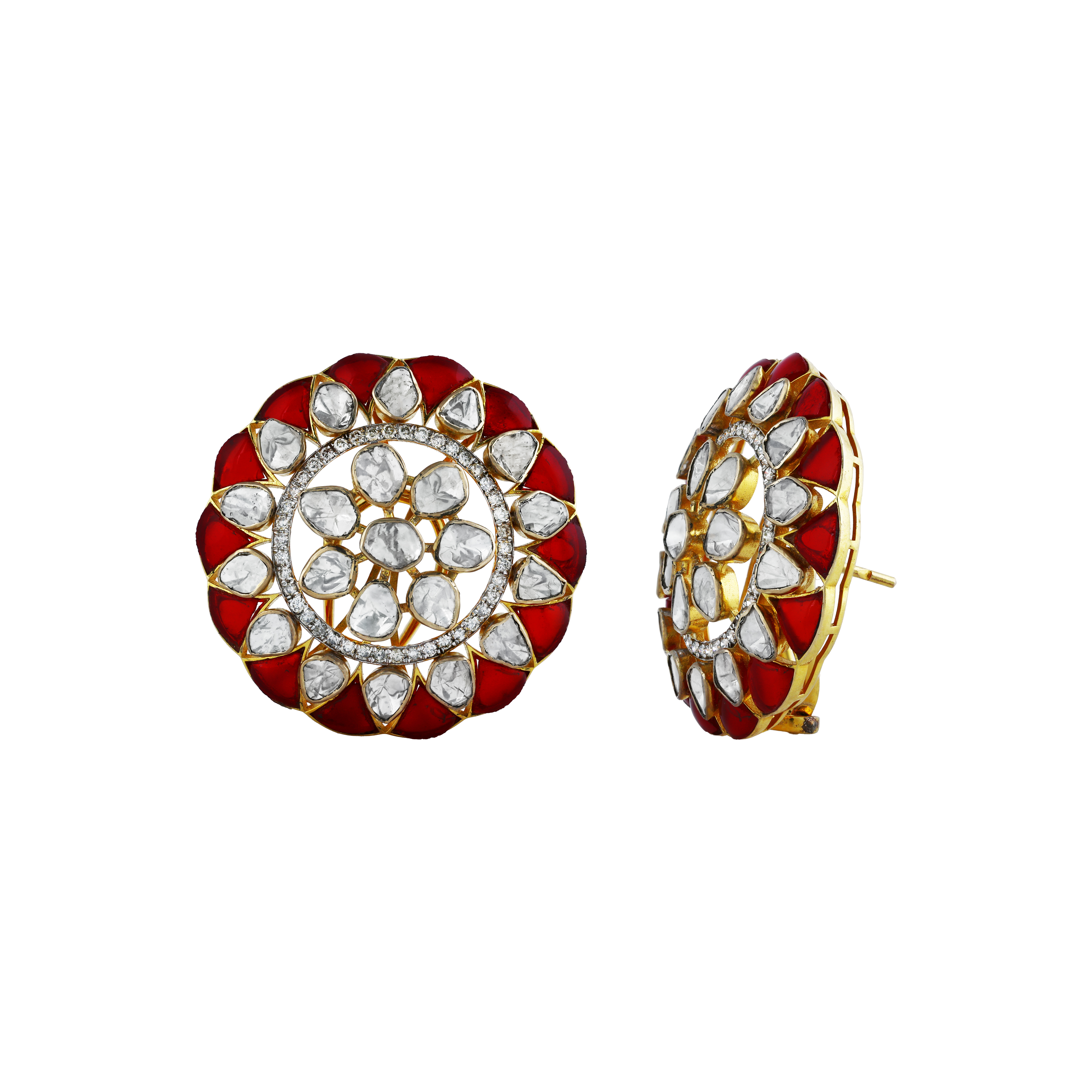 Round Polki Earrings with Red Talaf and Diamonds