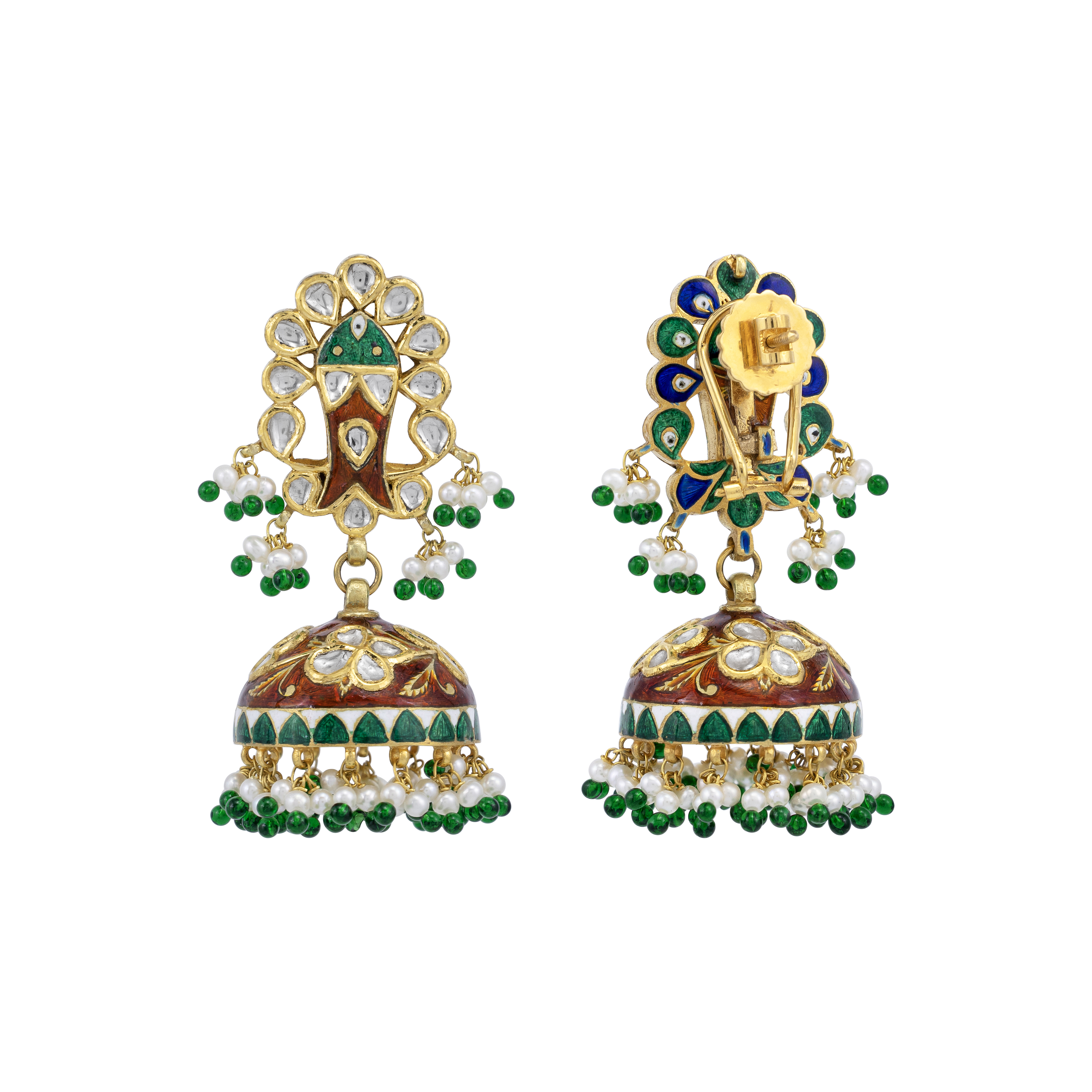 Floral Polki Jhumkas with Pearl fringe