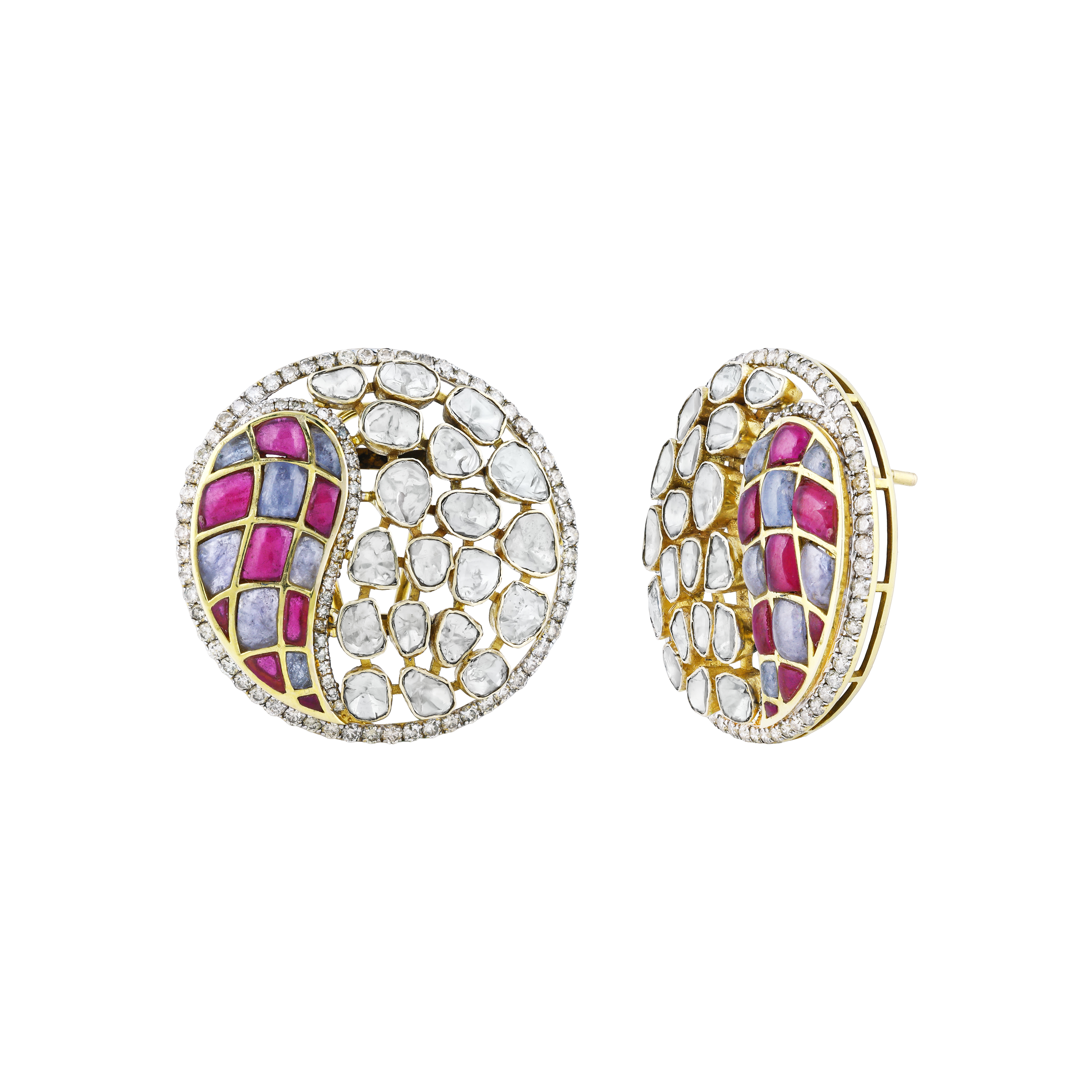 Polki Earrings with Pink and Purple Talaf in Circular Design