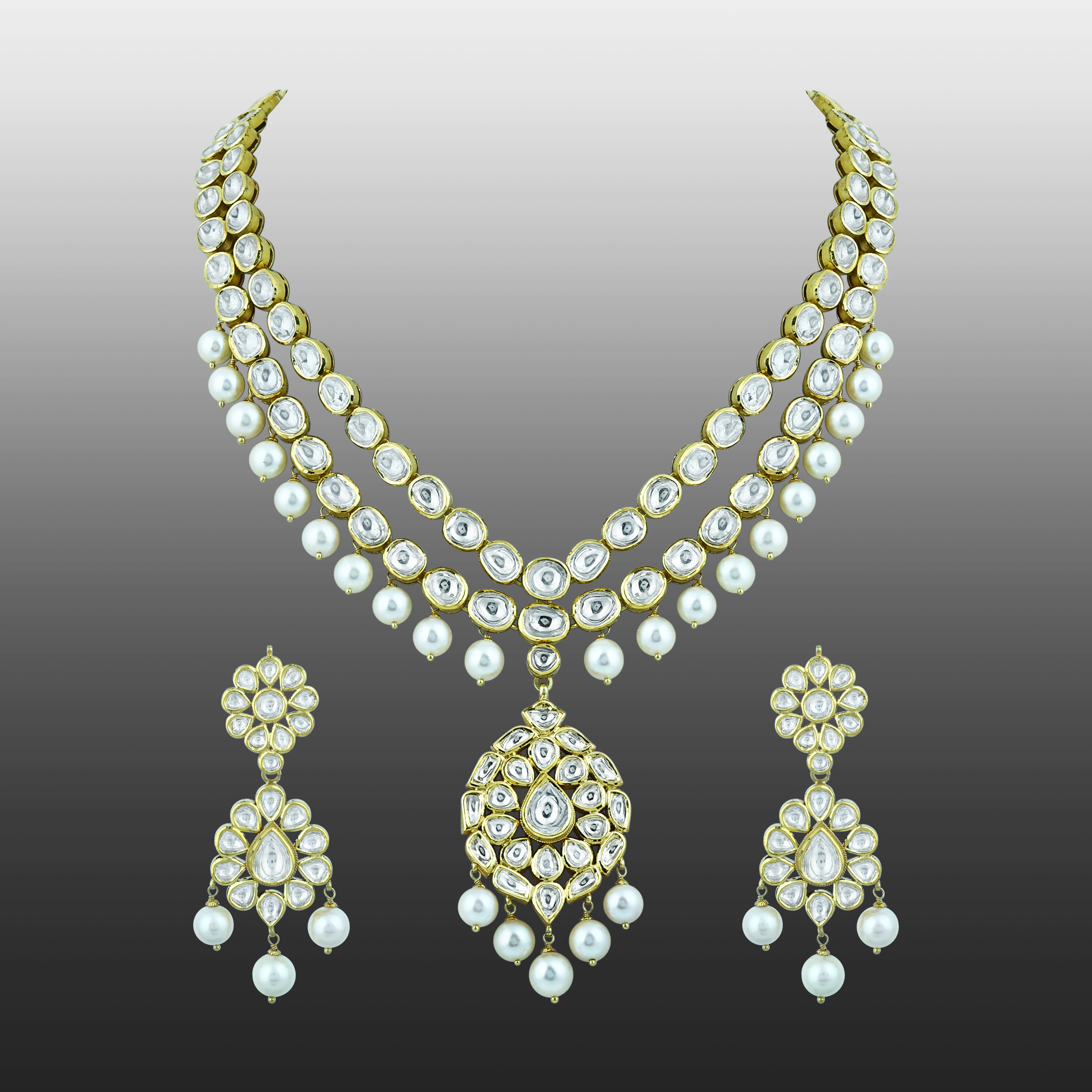 Double-Layer Necklace Pendant Set with Polkis and Pearls