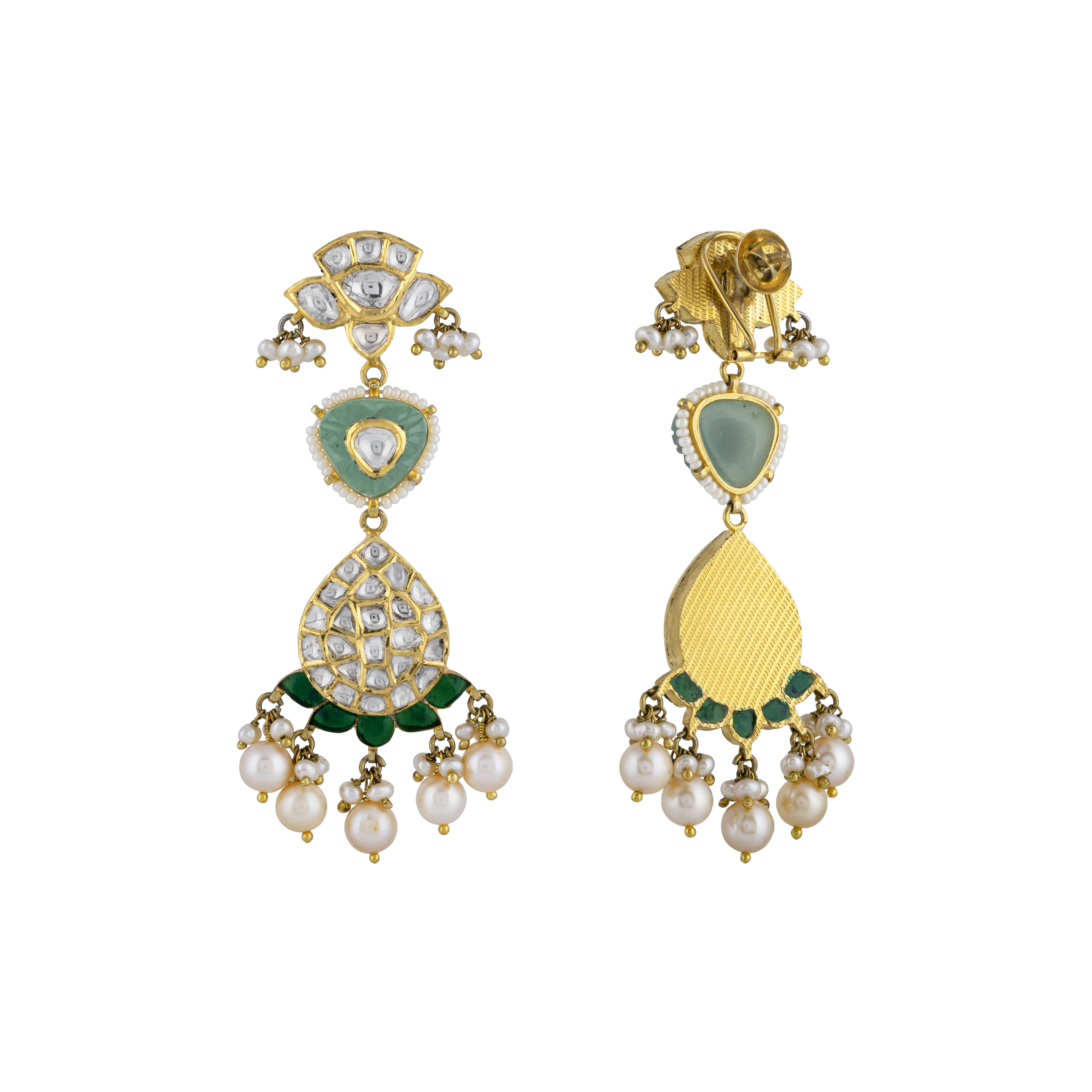 Uncut Diamond Polki Earrings with Carved Emerald & Pearls
