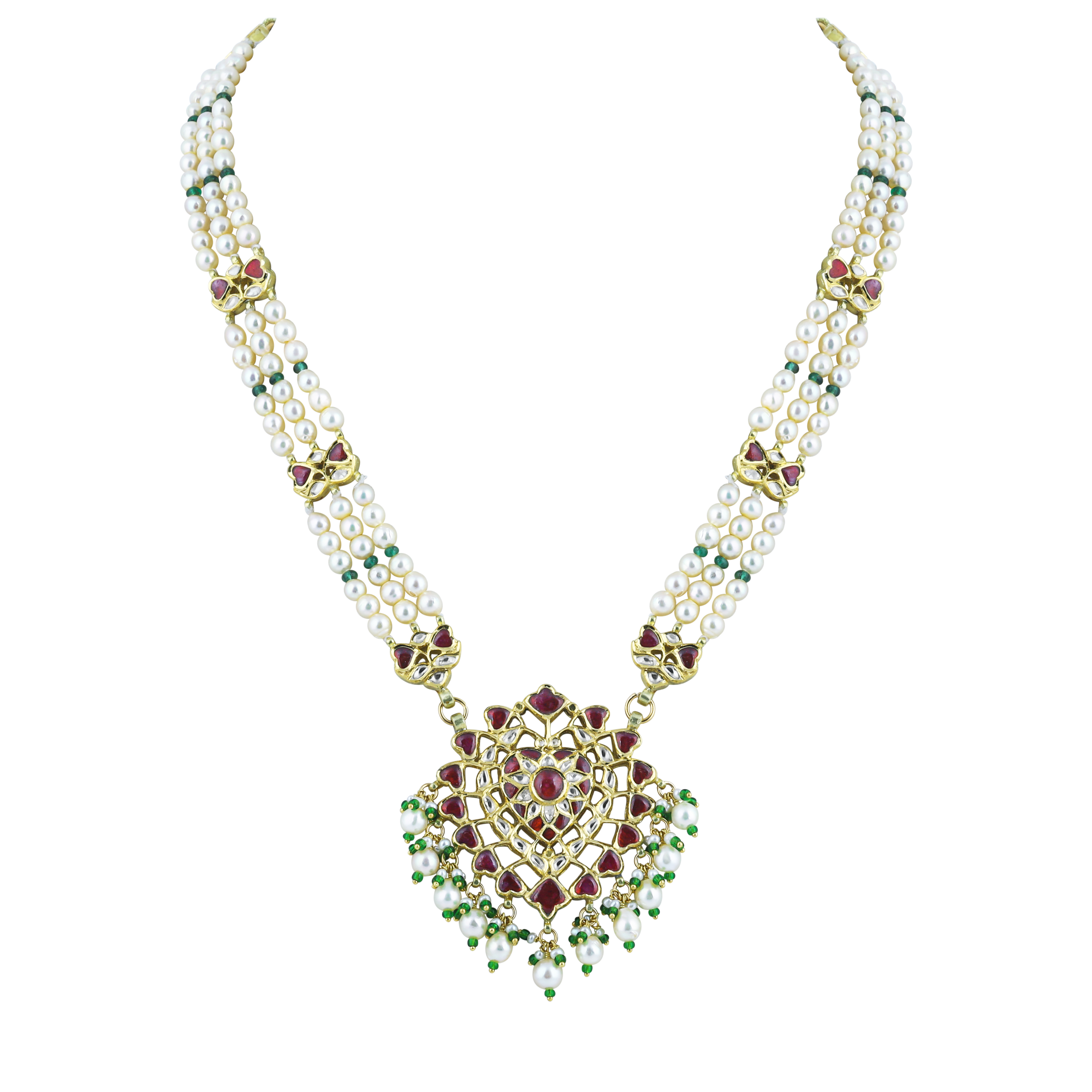Pearl Pendant Necklace with Emerald Beads and Ruby Colour stones