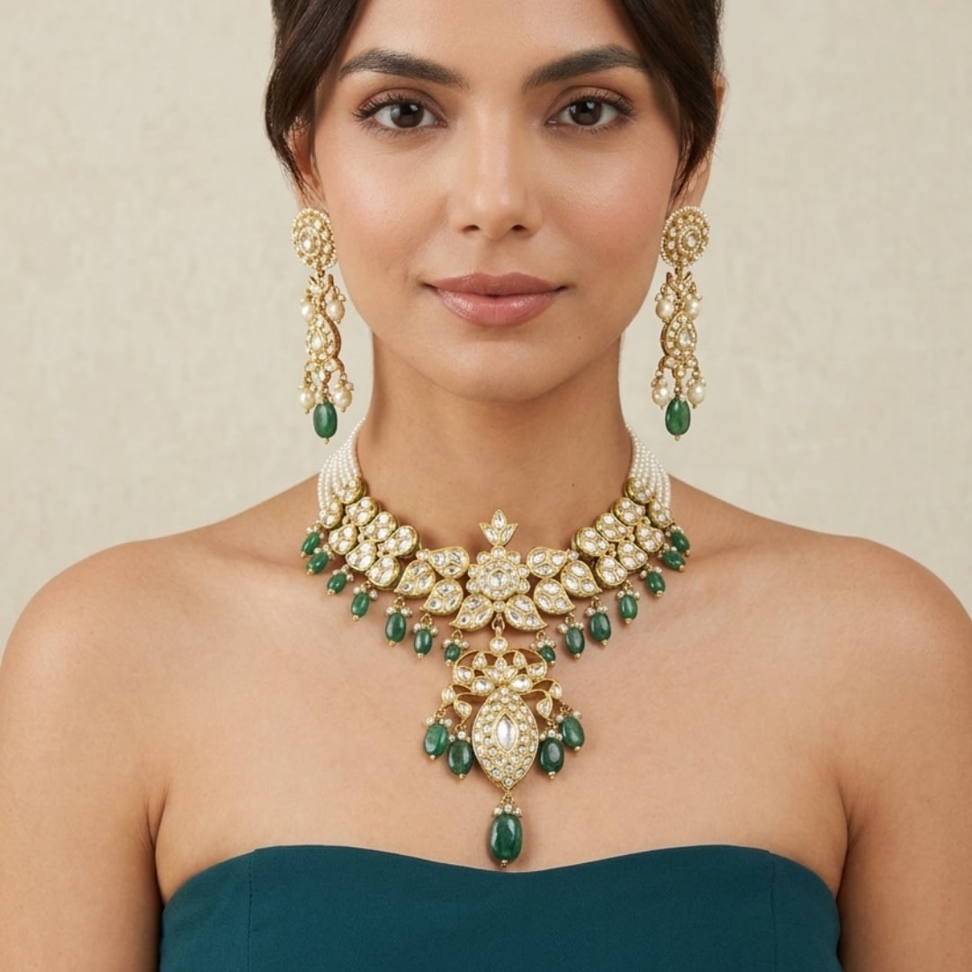 Polki Necklace Set with Emerald Drops and Pearl Strands