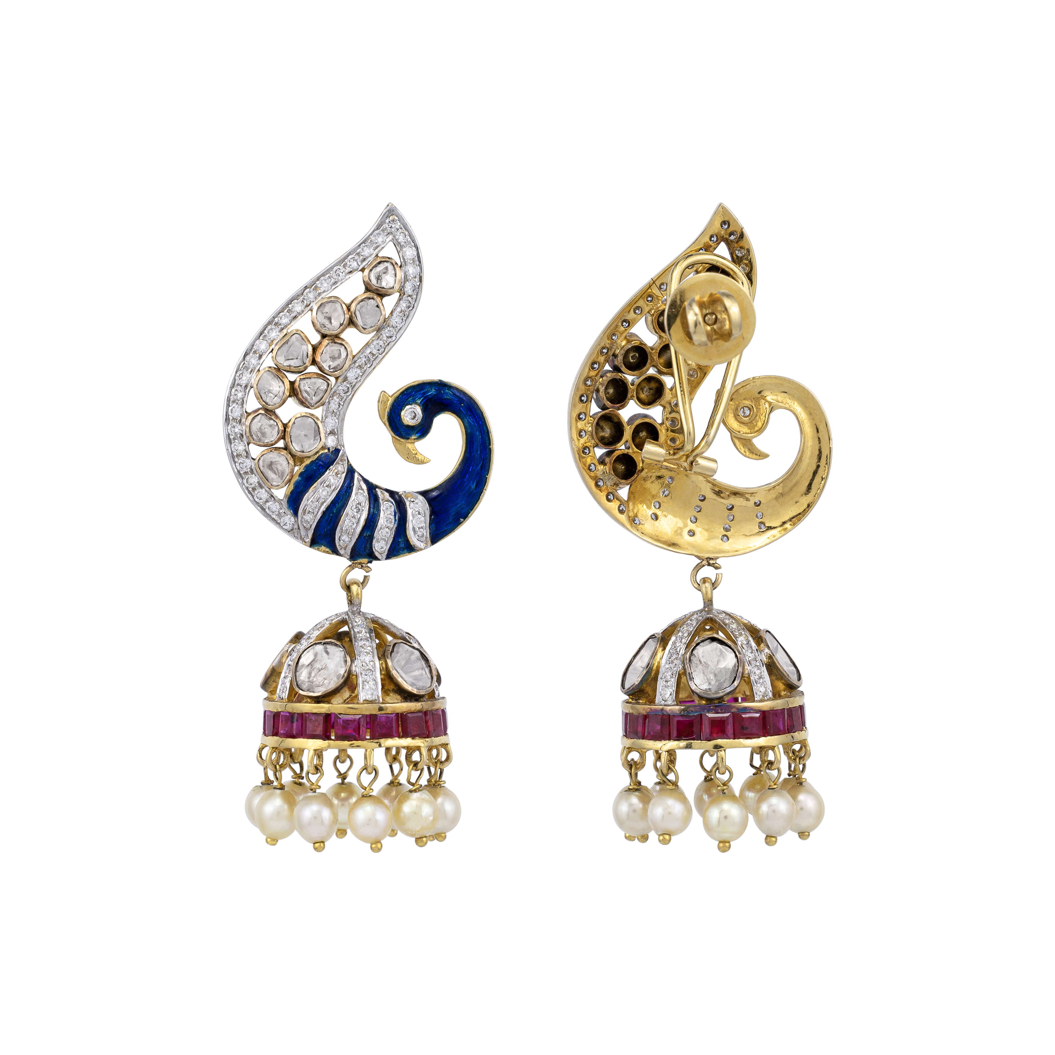 Peacock Danglers with Ruby and Japanese Pearls