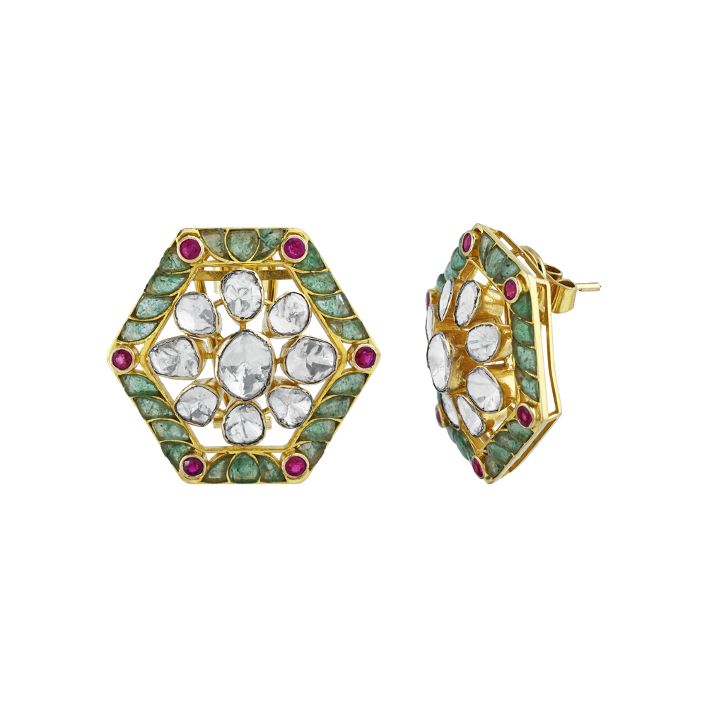 Geometric Hexagonal Earrings with Uncut Diamonds and Colourstone Talaf