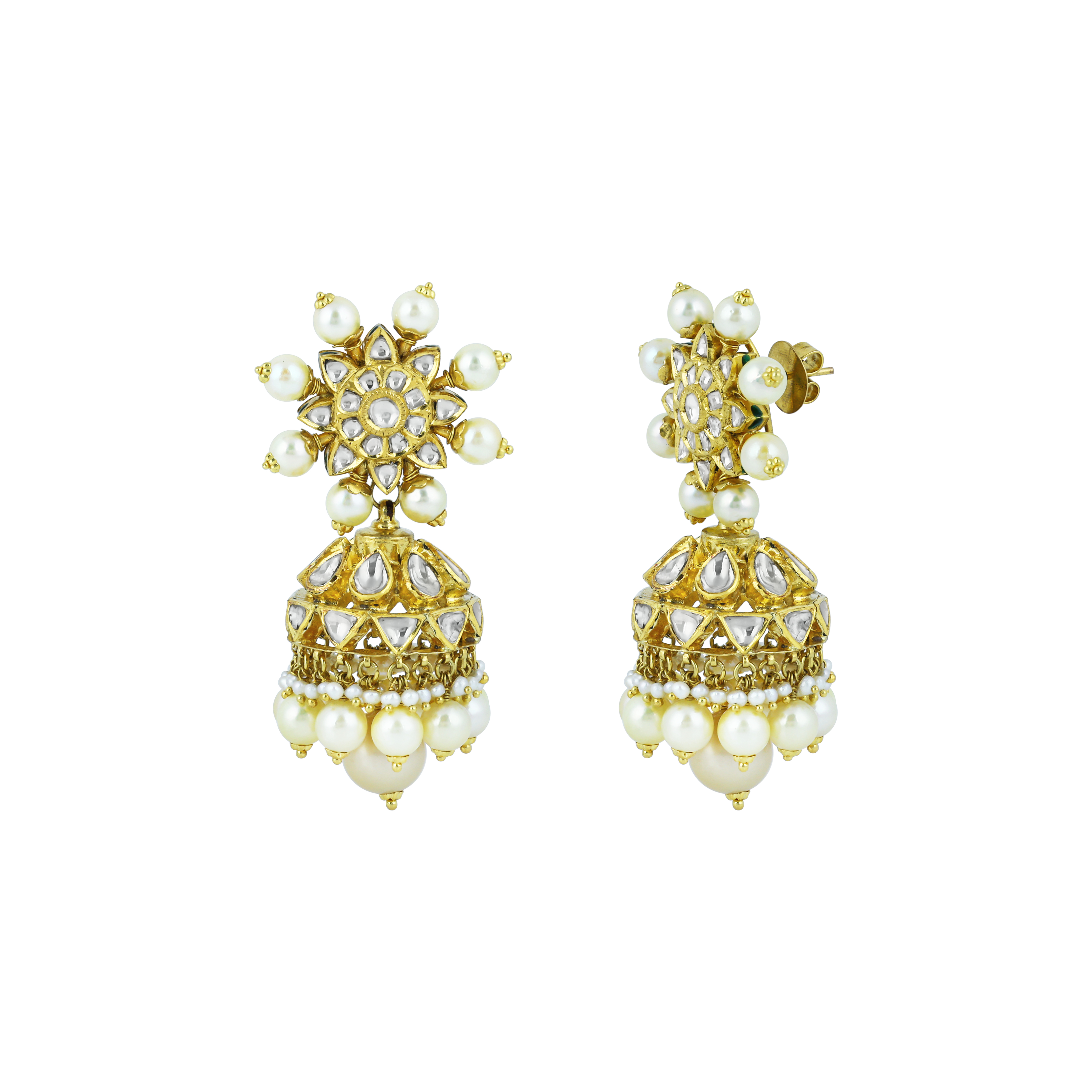 Floral Polki Jhumka Earrings with Layered Pearls