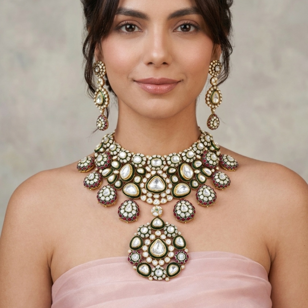 Bridal Polki Choker with Rubies, Green Meena, and Makadi Design Necklace Set