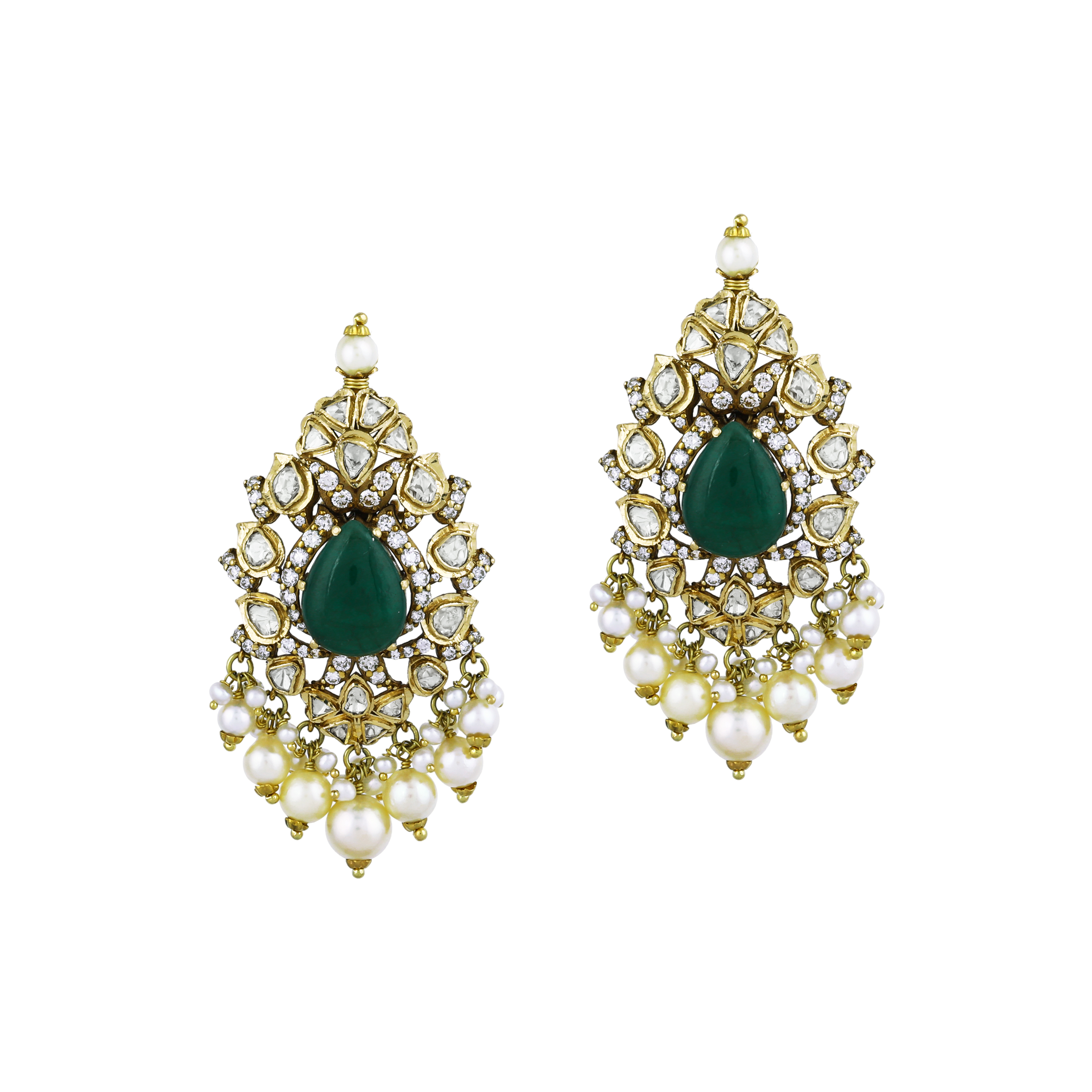 Emerald Drop Cabochon Choker Set with Polki Diamonds and Pearls