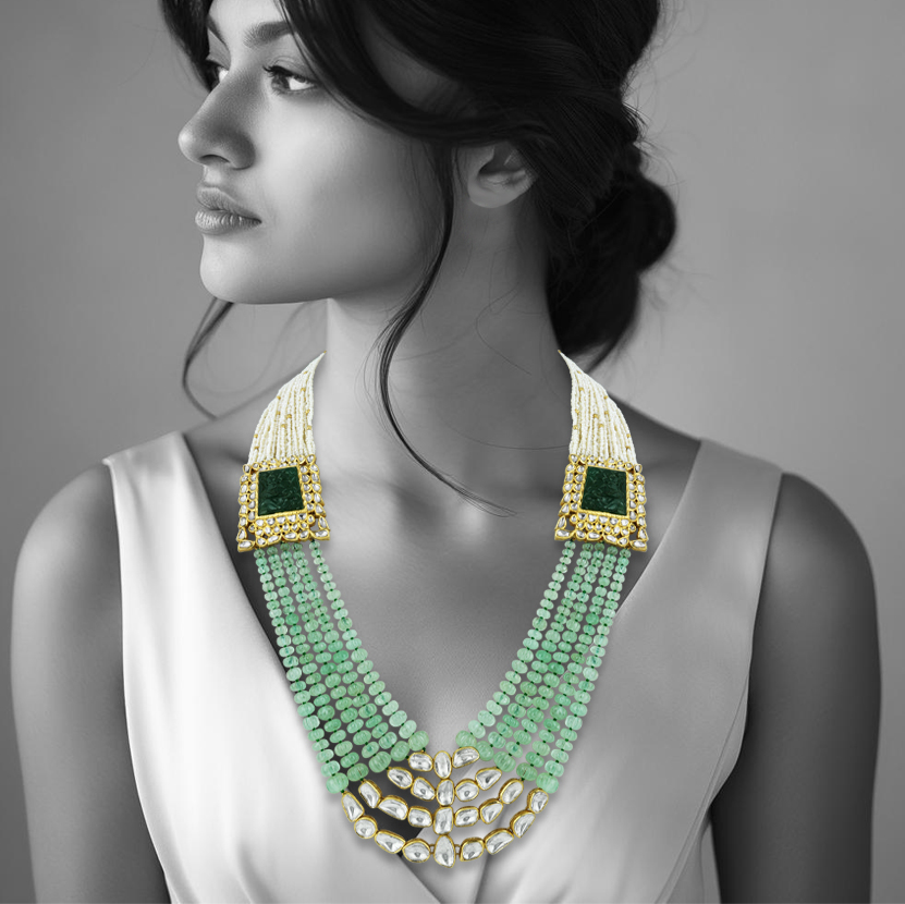 Polki Necklace with Carved Gemstone & Cascading Green Beads