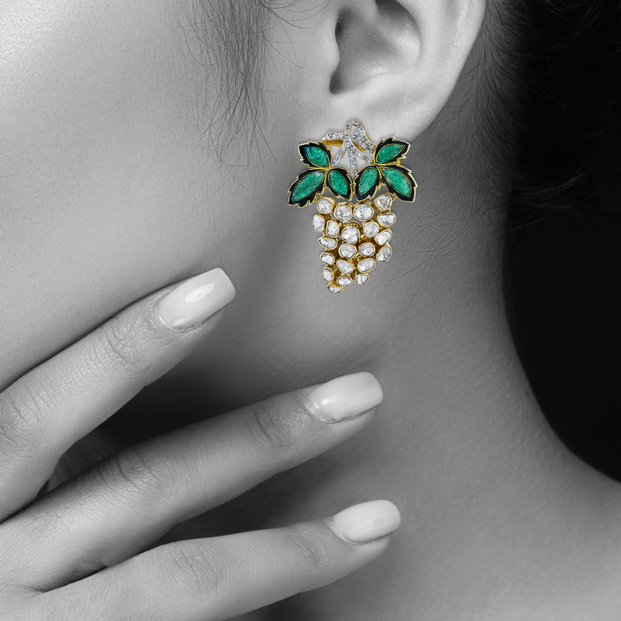 Cluster of Grapes Earrings with Uncut Diamond Polki and Green Talafs