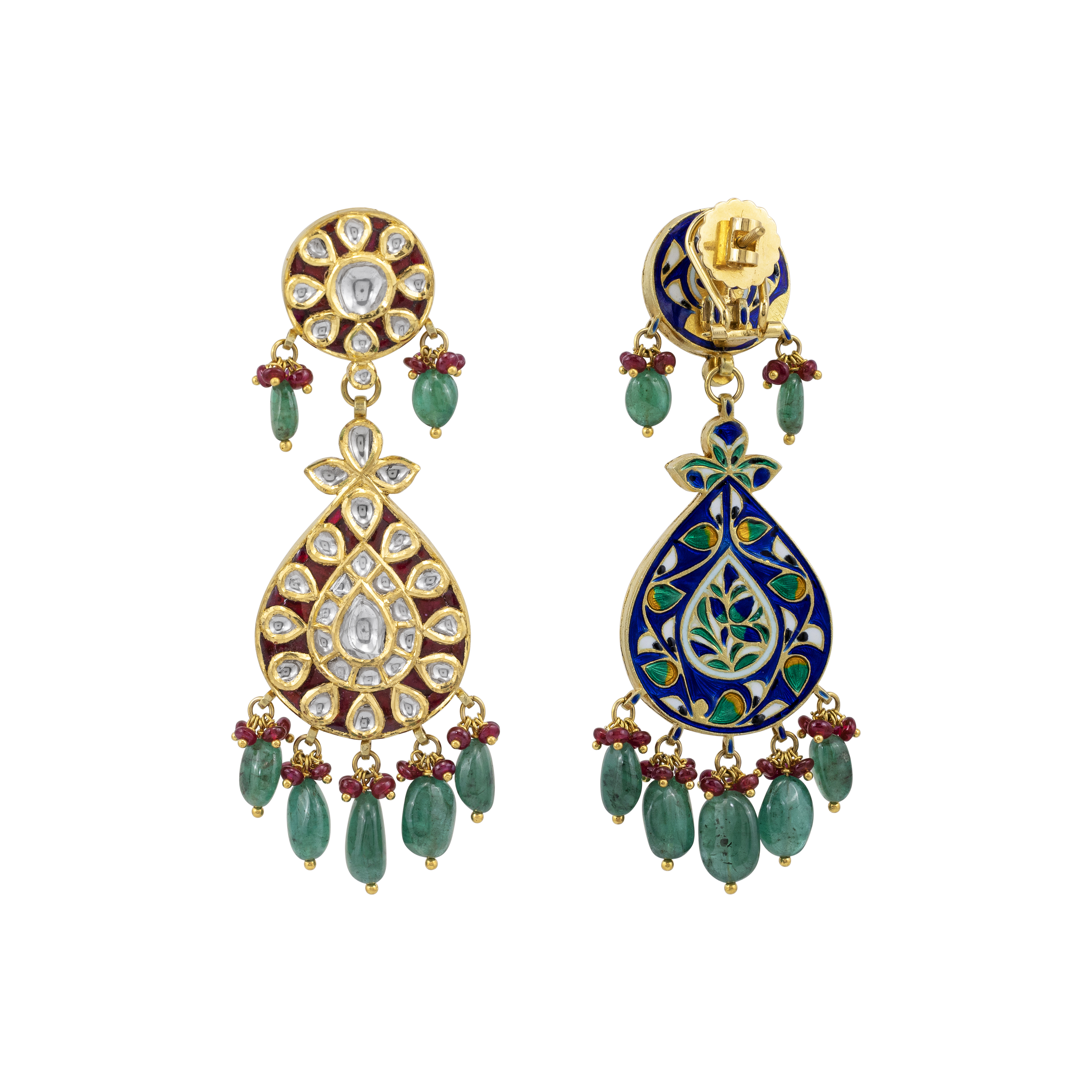 Teardrop Polki Earrings with Emerald Beads