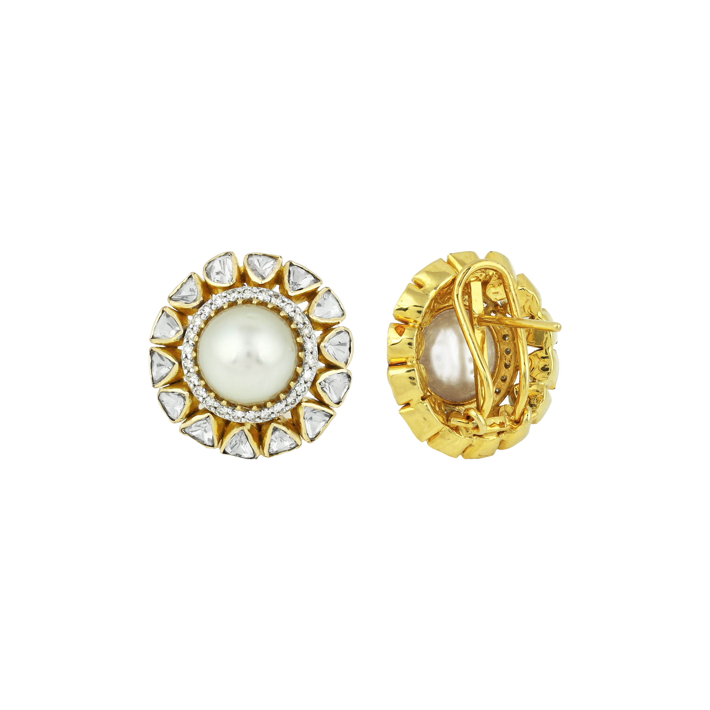 Pearl Stud Earrings with Polki Diamond Circular Halos