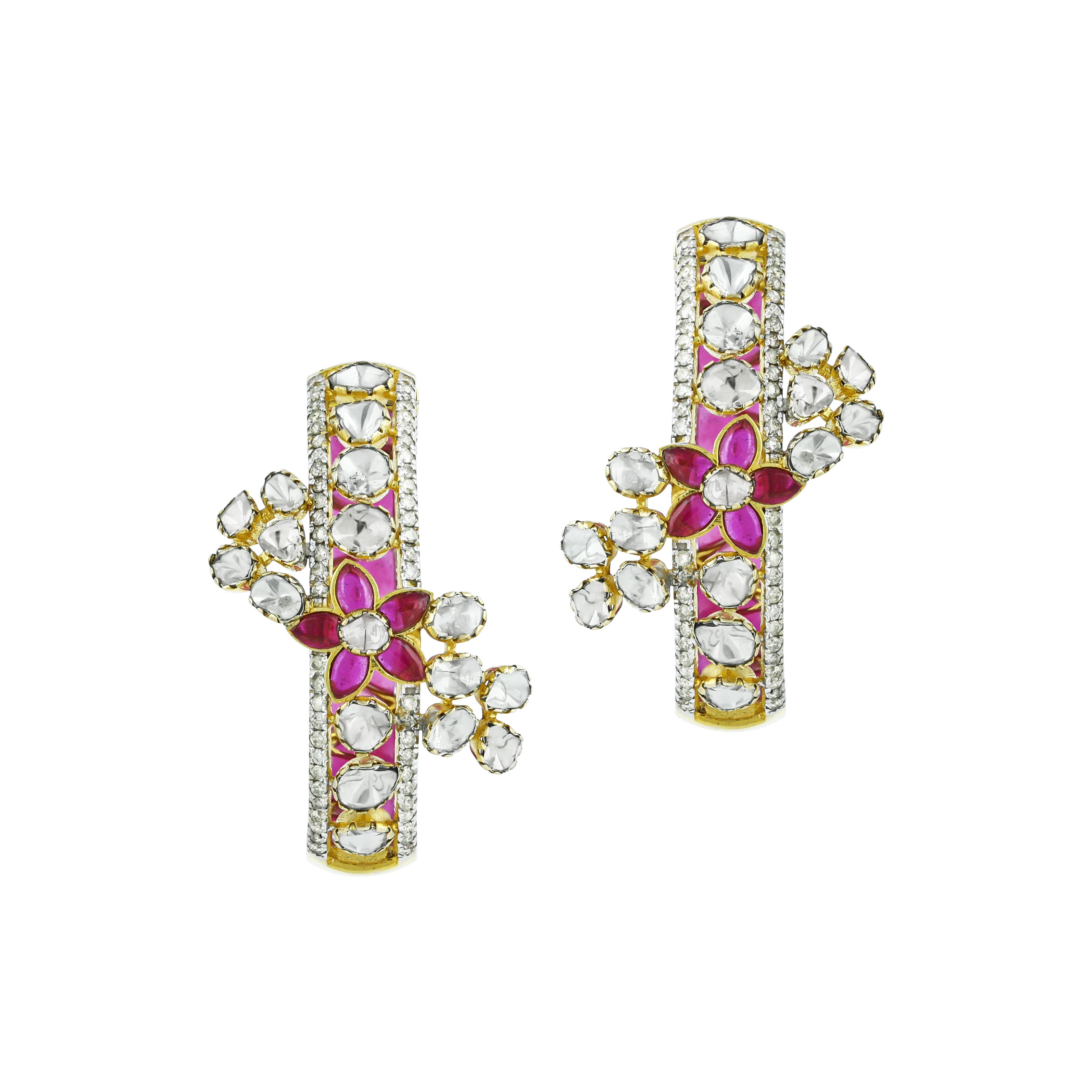 Polki Hoop Earrings with Pink Talaf and Diamonds