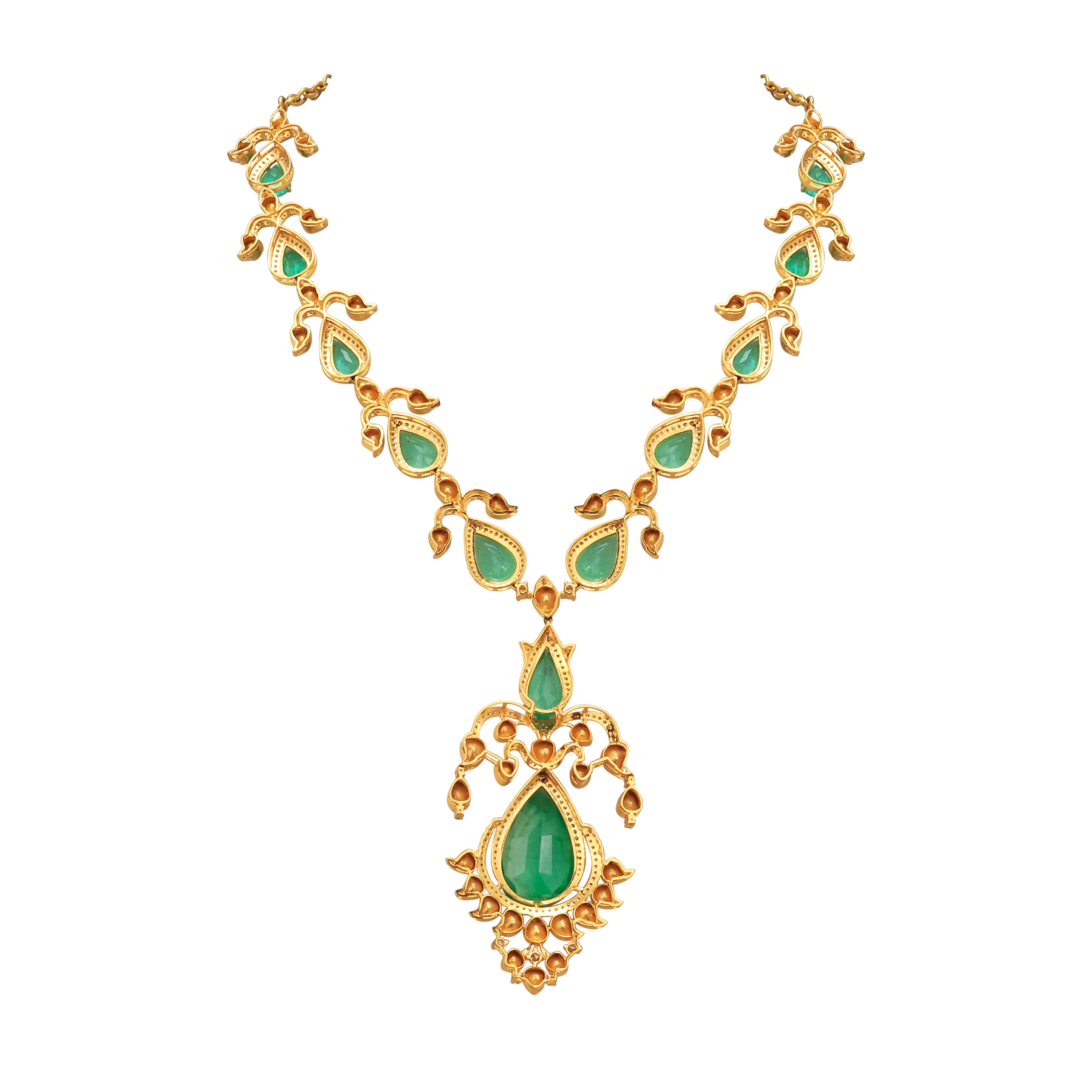 Pear Emerald Necklace Set with Diamond and Polki Detailing