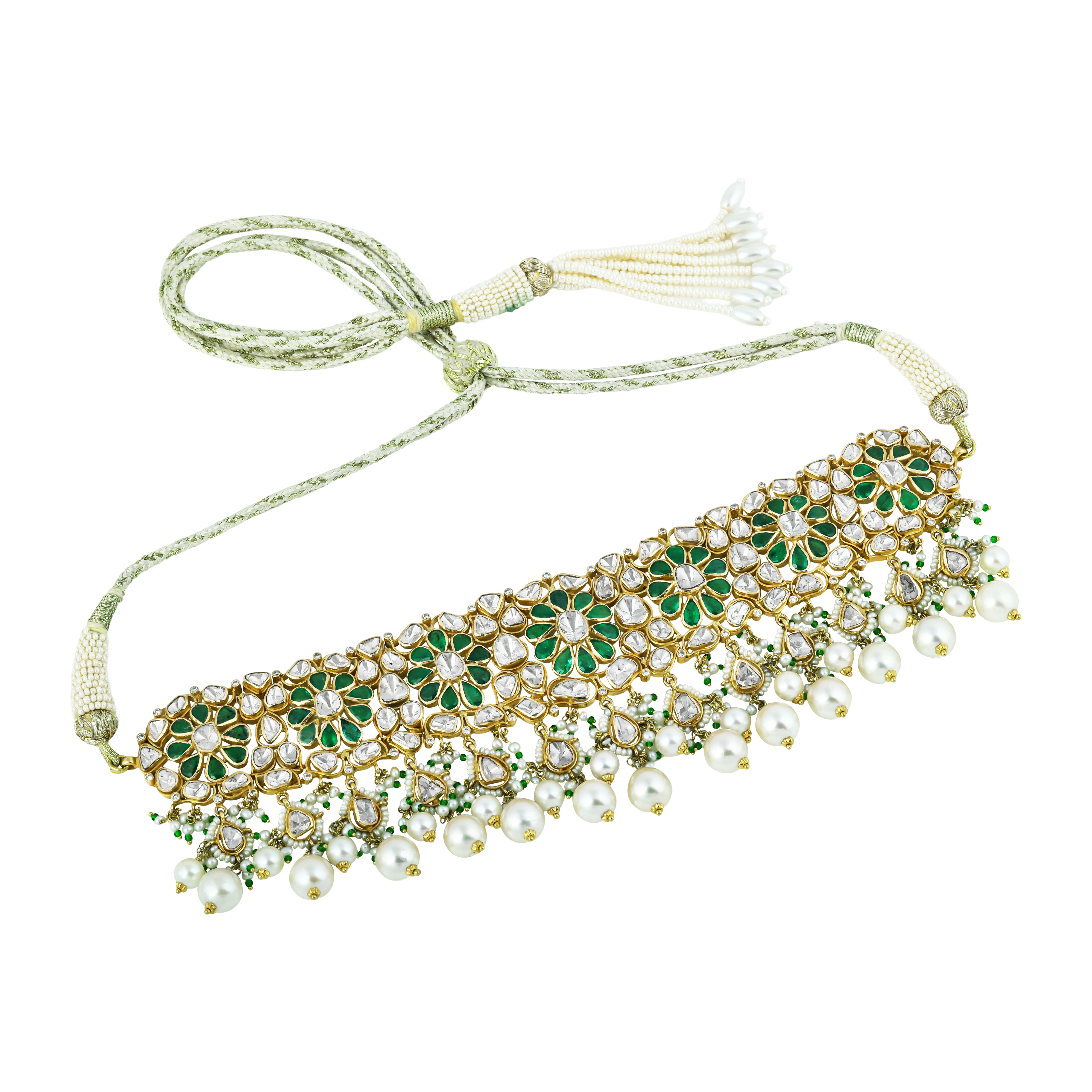 Floral Polki Choker Set with Emeralds and Pearl Drops