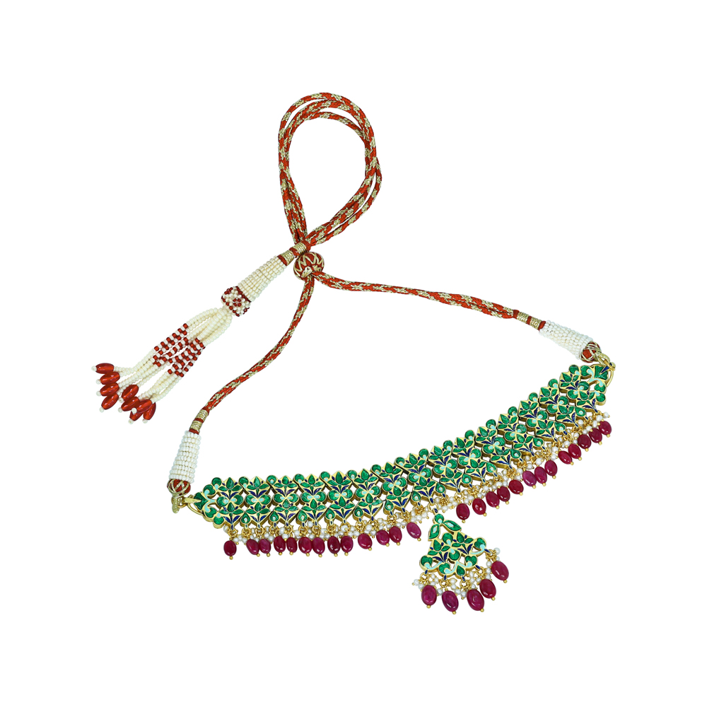 Polki Choker with Blue Enamel, Ruby Drops, and Culture Pearls