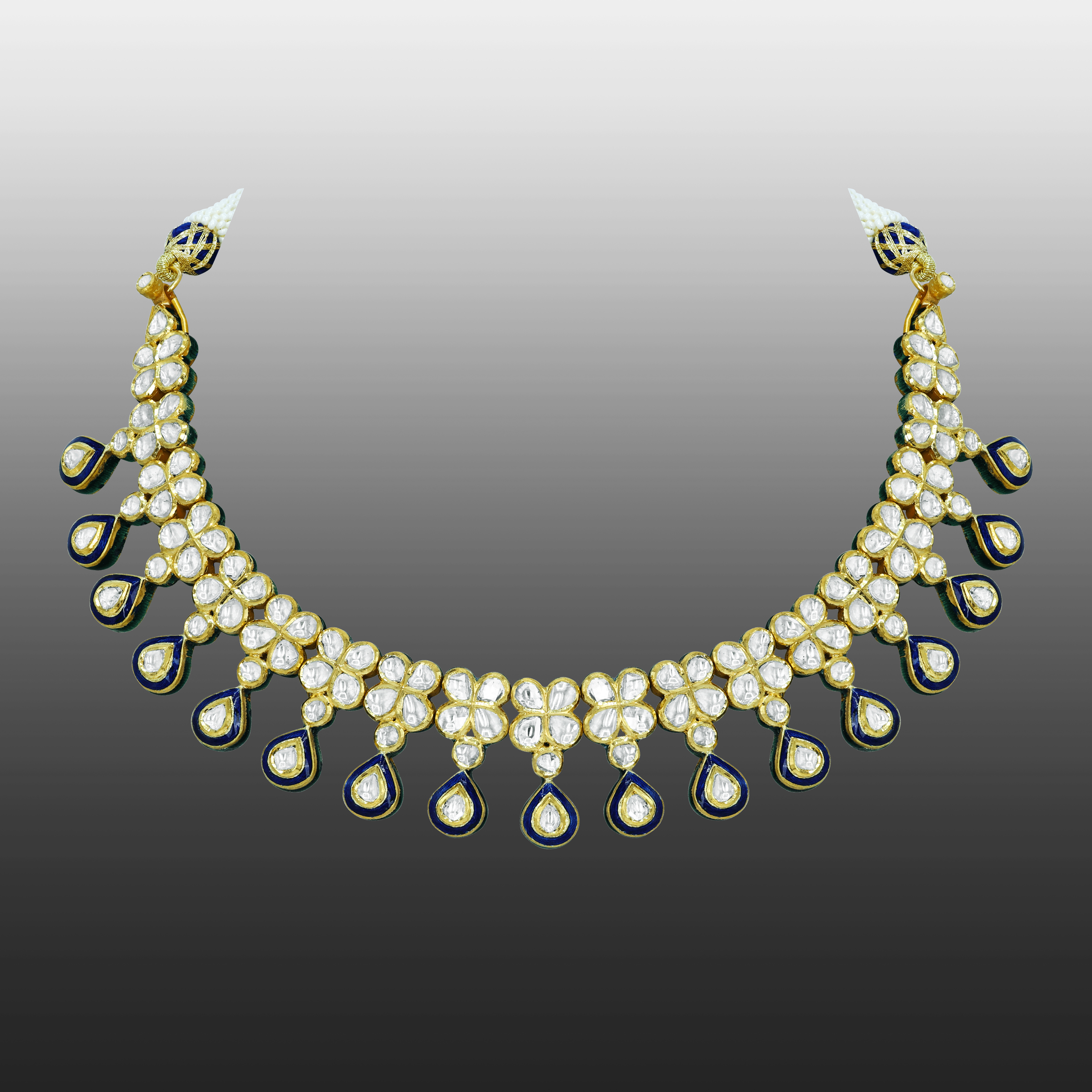 Polki Necklace with Blue Enamel and Drop Detailing