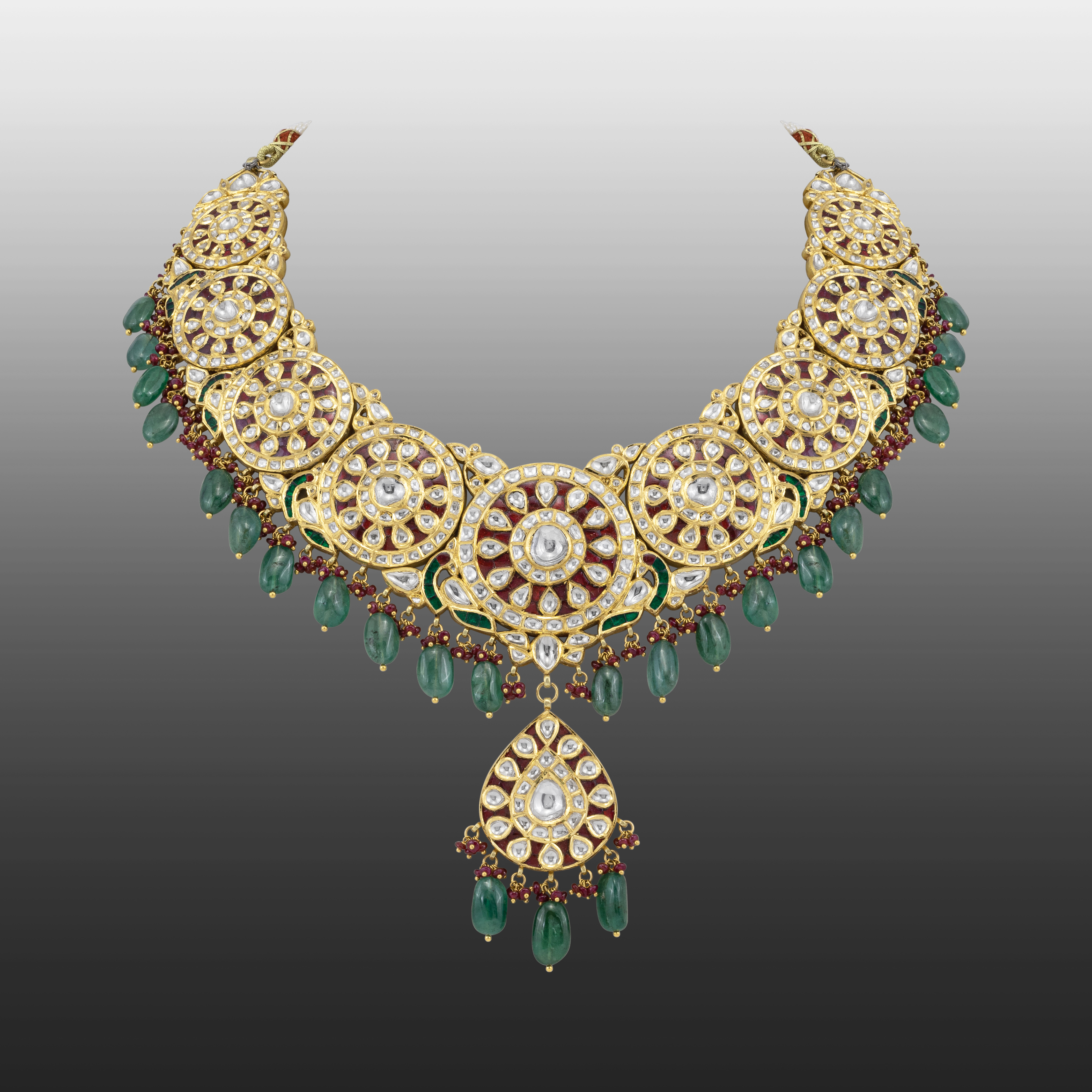 Polki Roundel Necklace with Ruby and Emerald Beads