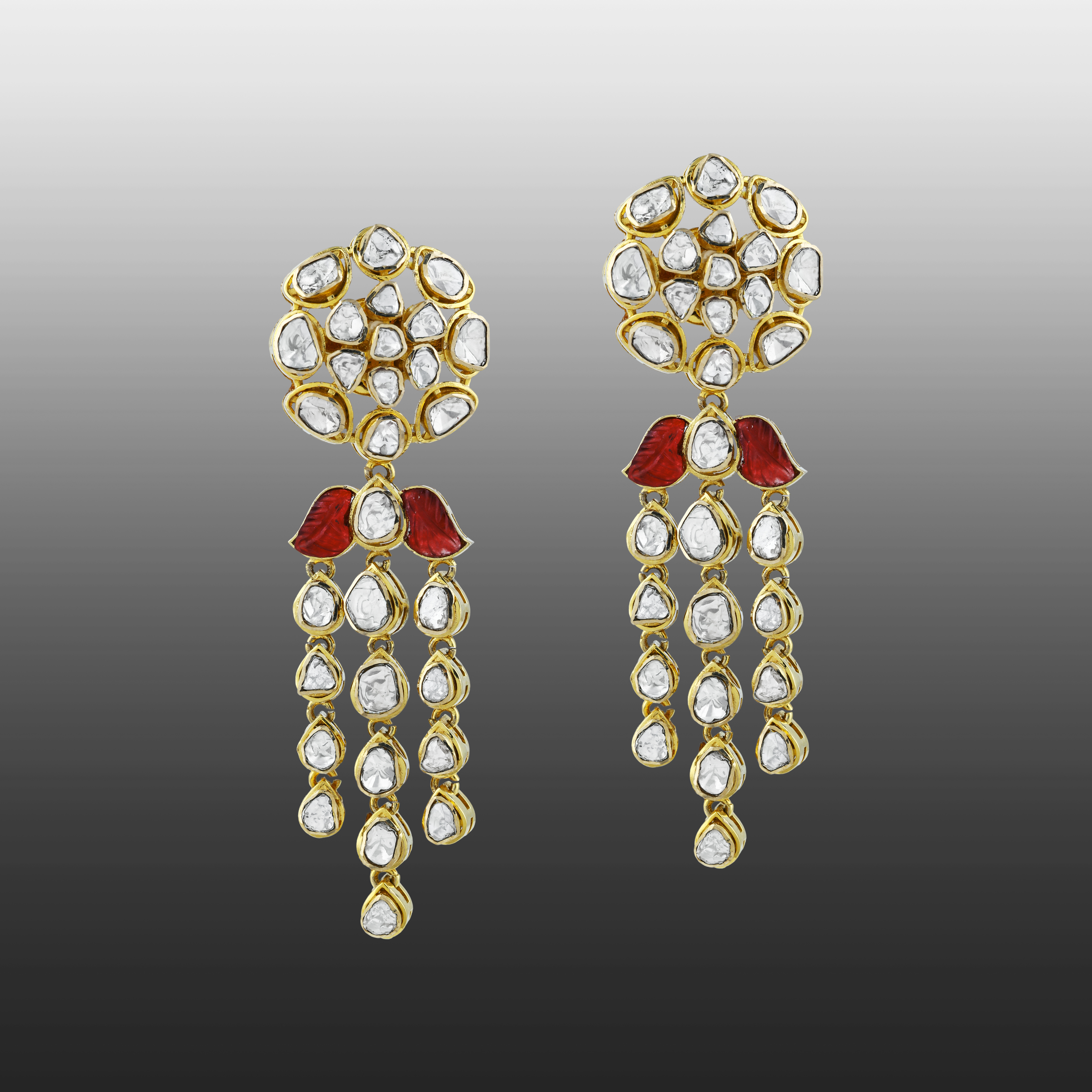 Triple-Drop Earrings with Uncut Diamonds and Red Talaf