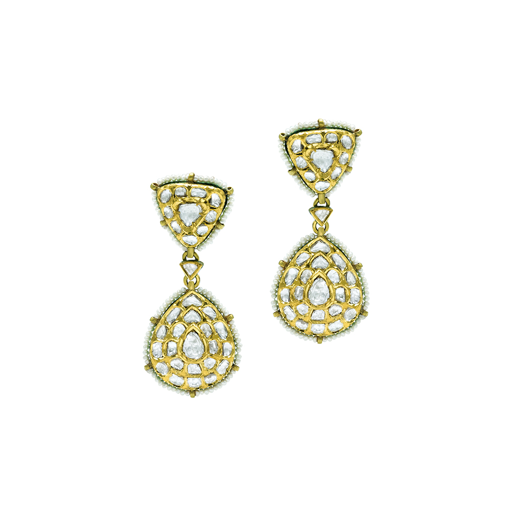 Polki Earrings with Triangular and Teardrop Motifs