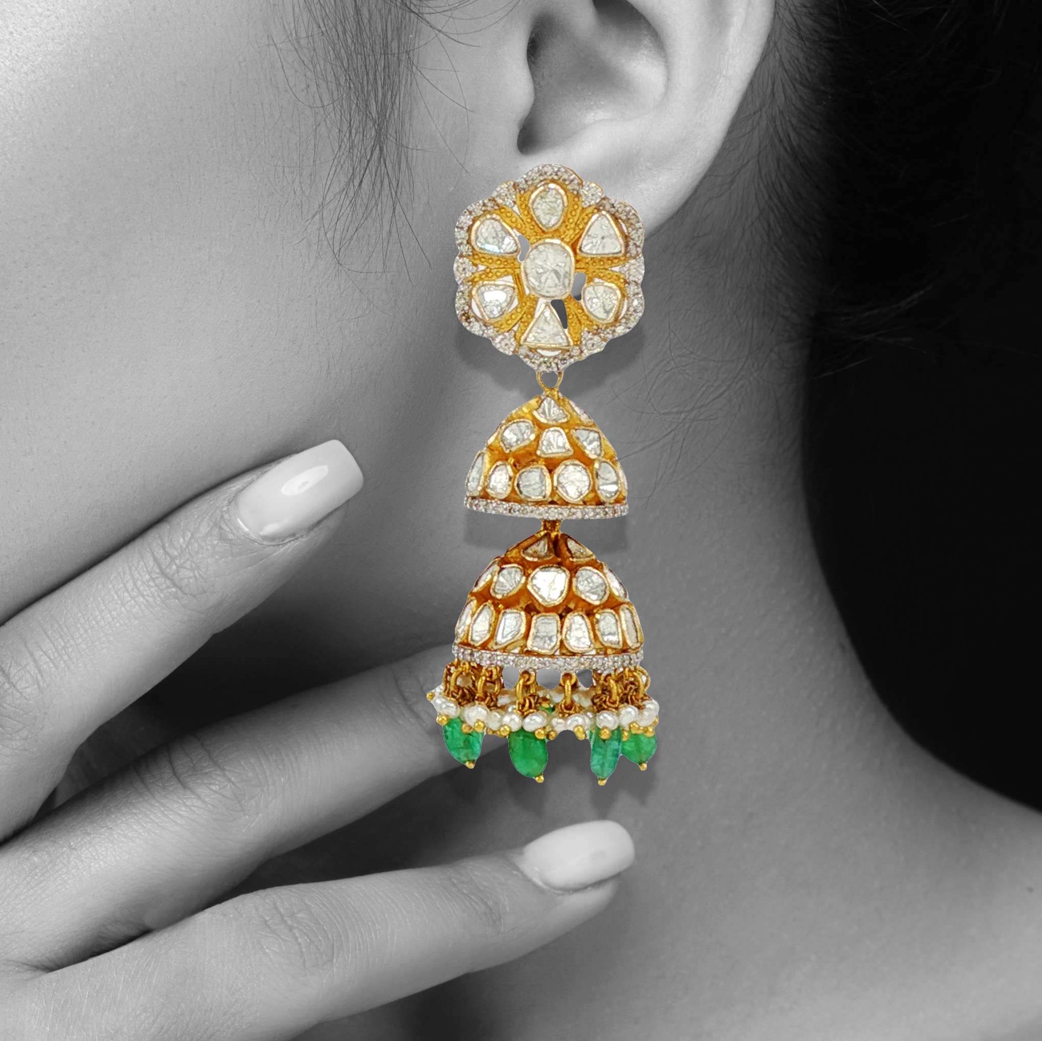 Tiered Polki Jhumkas with Emerald Drops