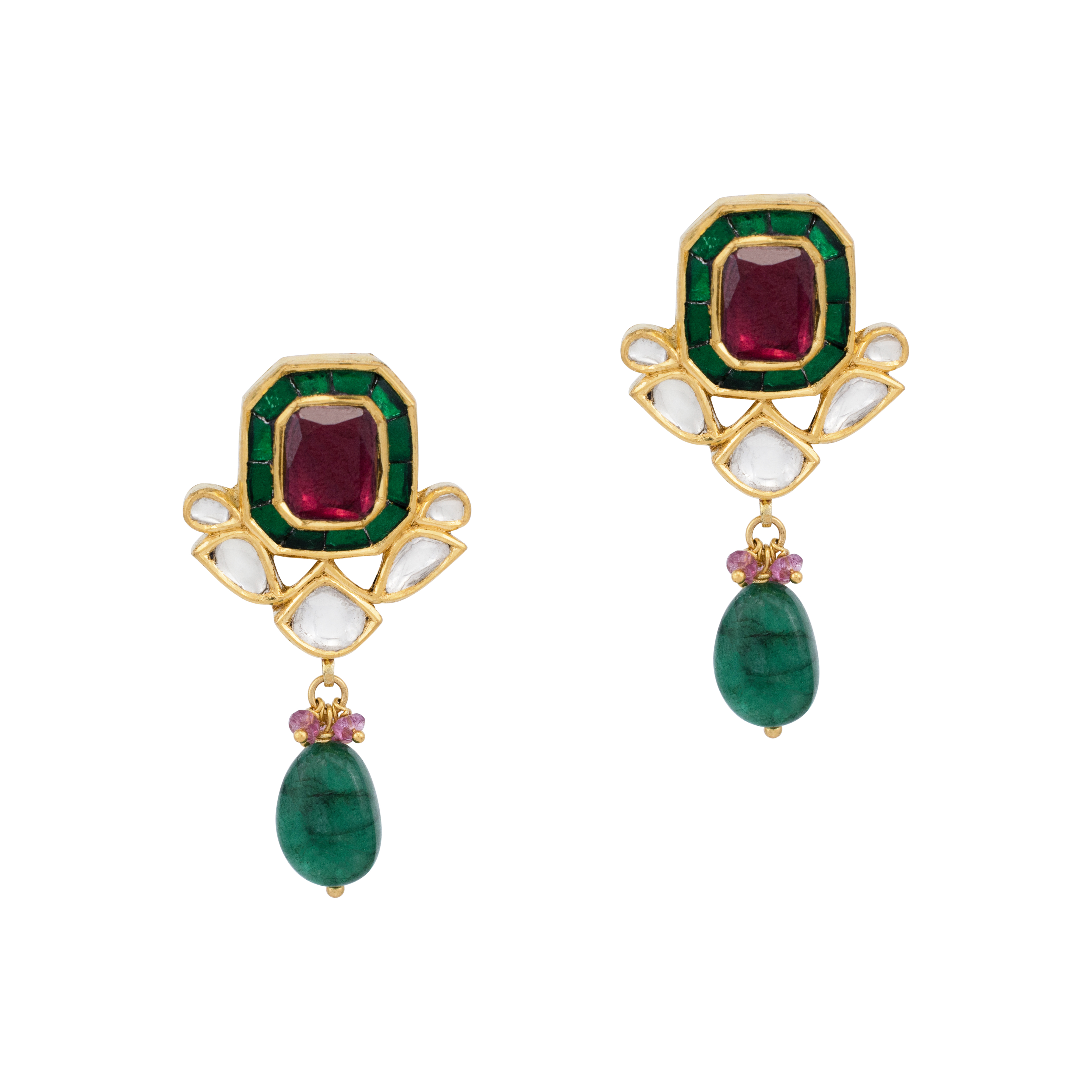 Square Tourmaline Studs with Emerald Drop