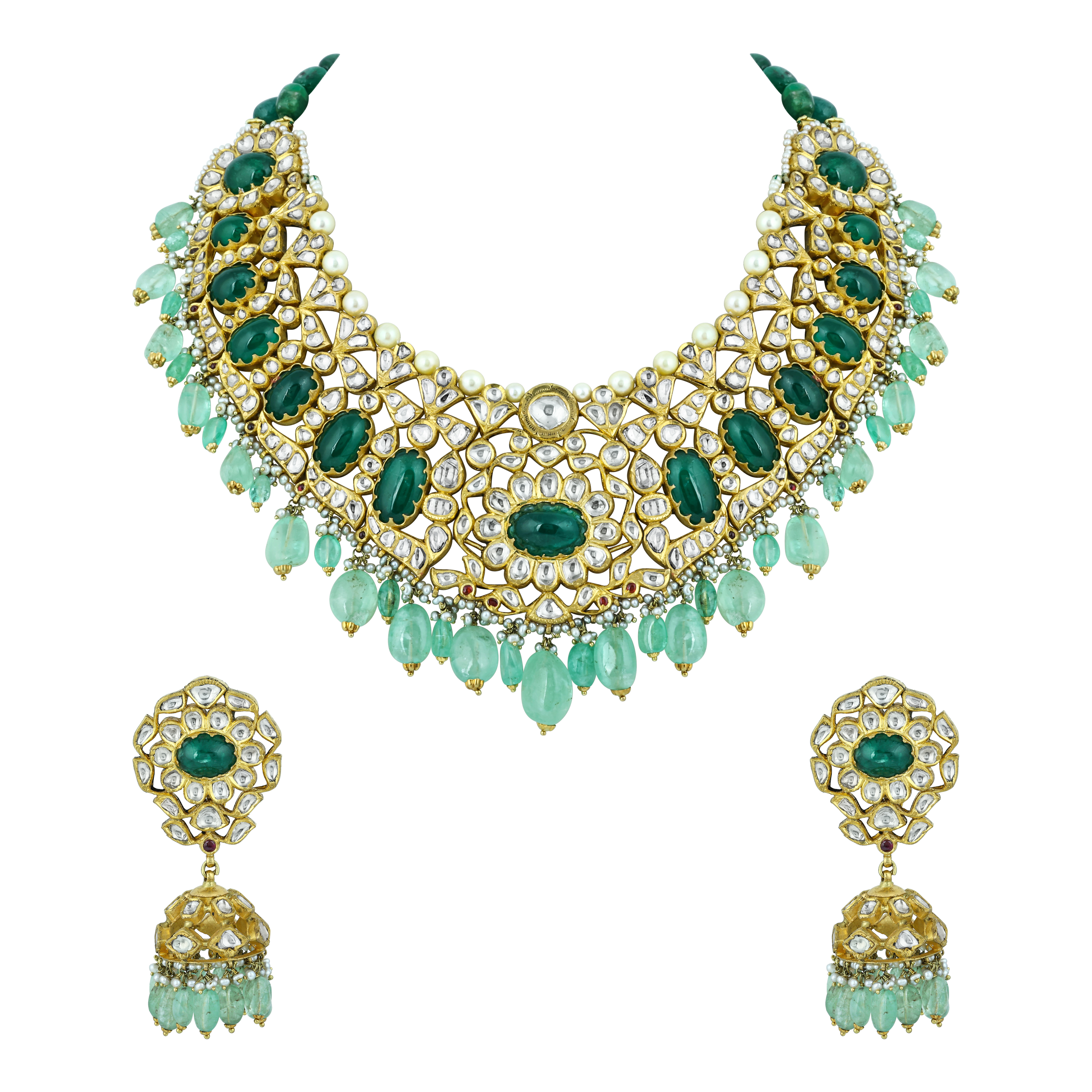 Green Cabochons & Polki Necklace Set with Pearl Accents