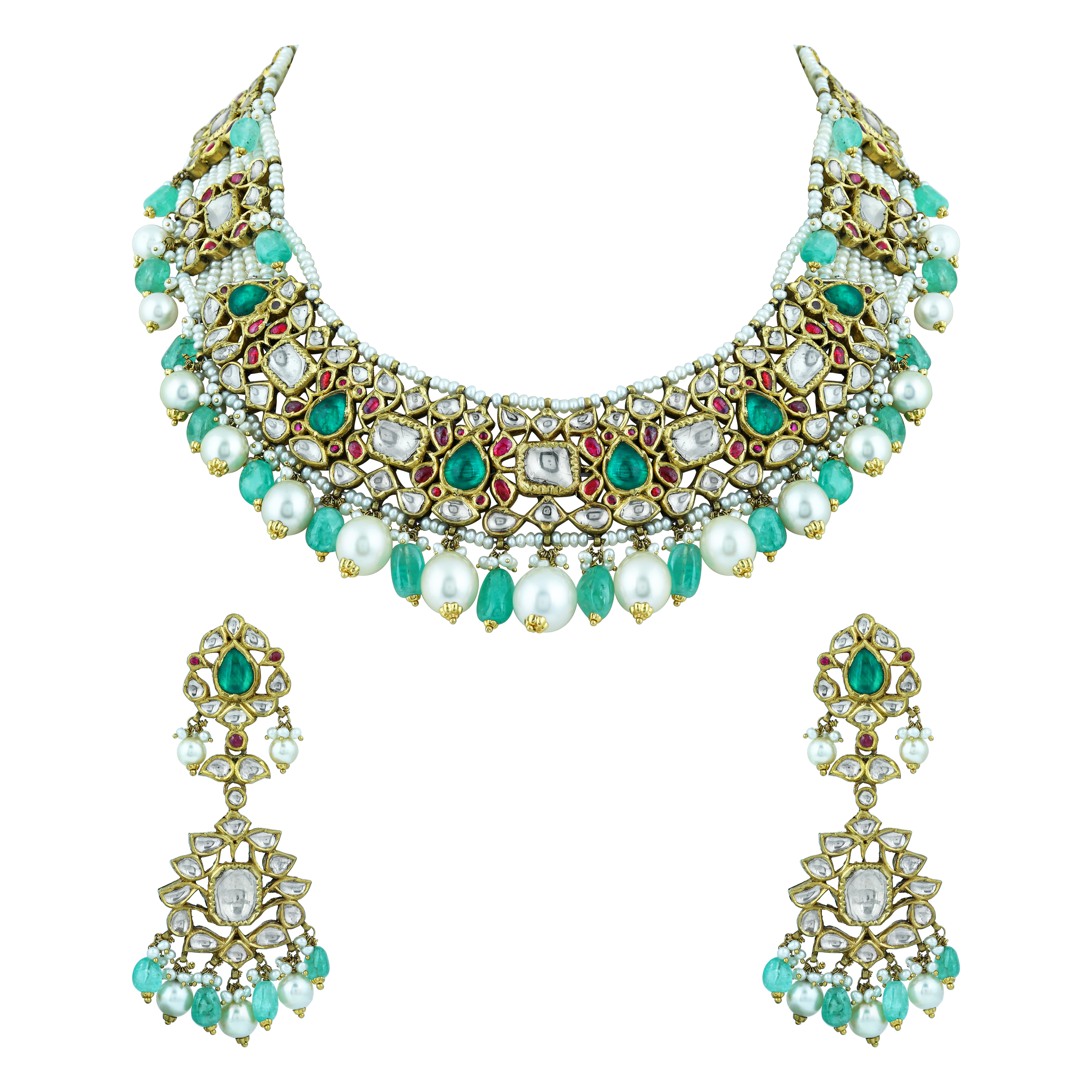 Uncut Diamond Polki Necklace Set with Emerald ,Ruby and Pearls