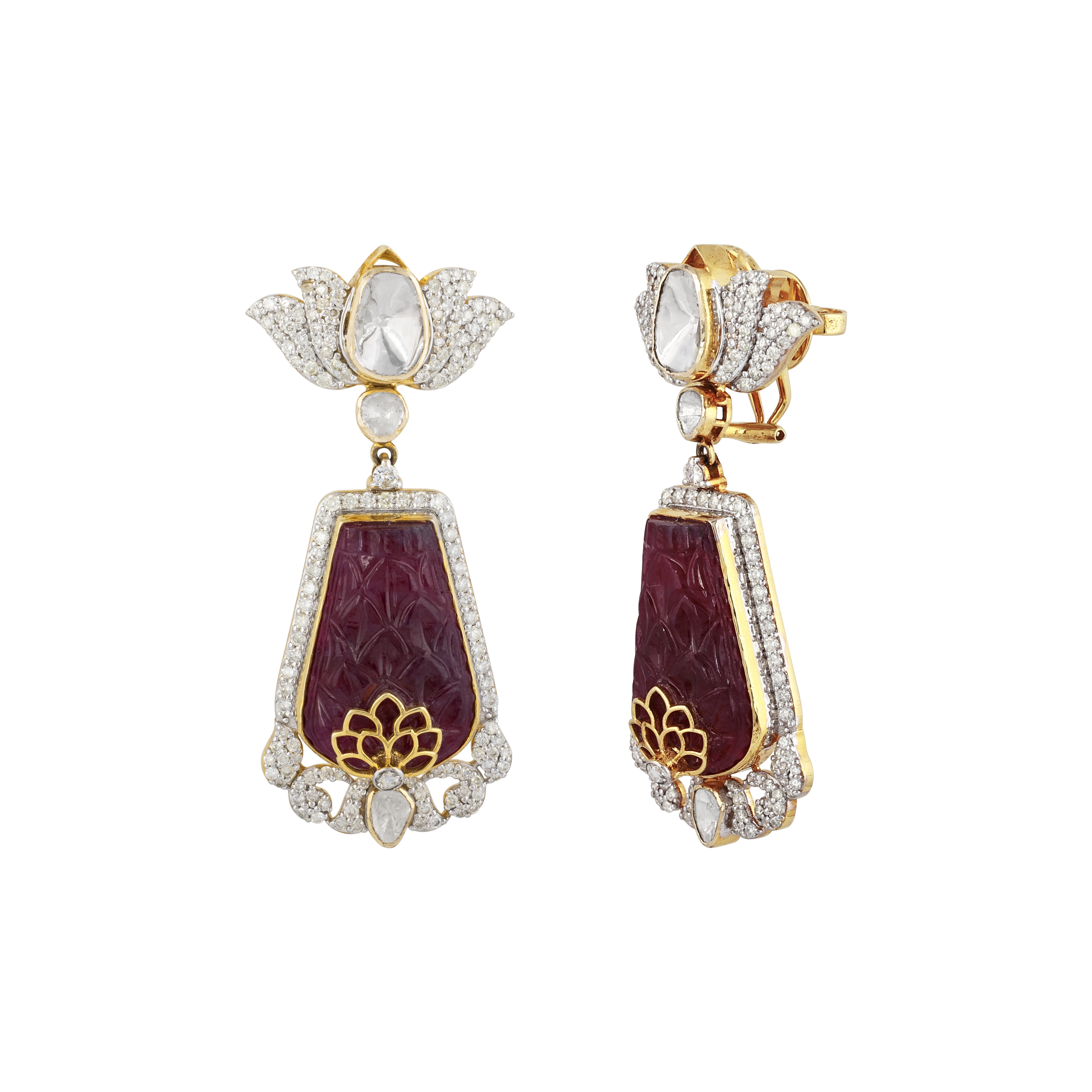 Carved Red Centerpiece Polki Earrings with Diamond Lotus Motif