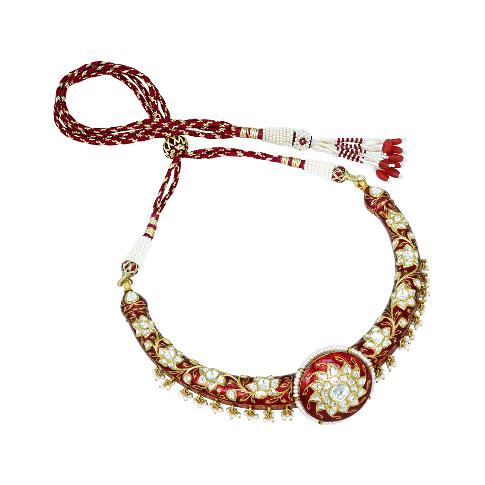 Regal Polki Hasli Necklace with Red Enamel and Pearl Beads