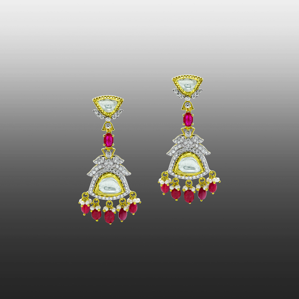 Ruby and Polki Earrings with Full-Cut Diamonds and Drops