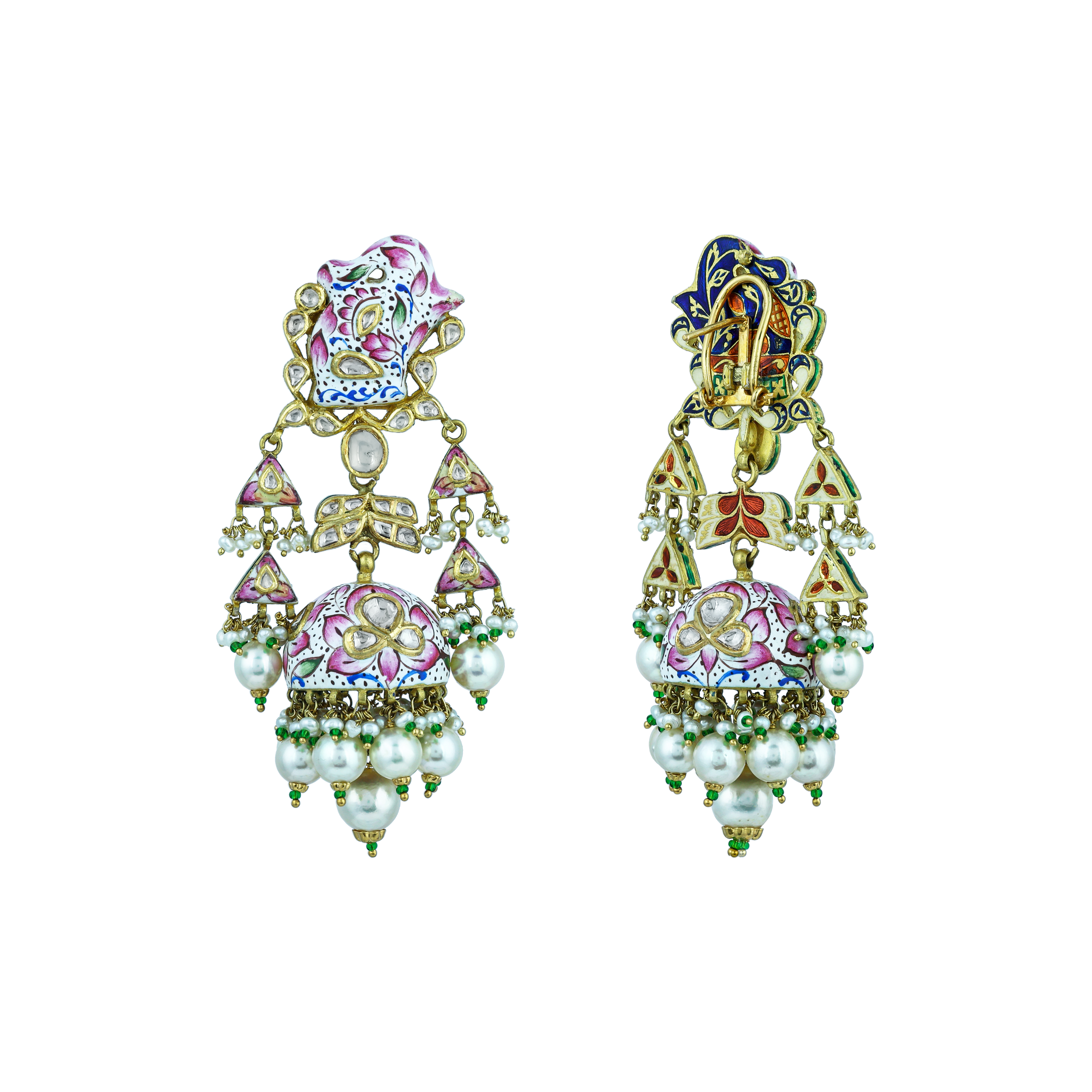 Pink White Meenakari Necklace Set with Uncut Diamond Polkis & Pearls