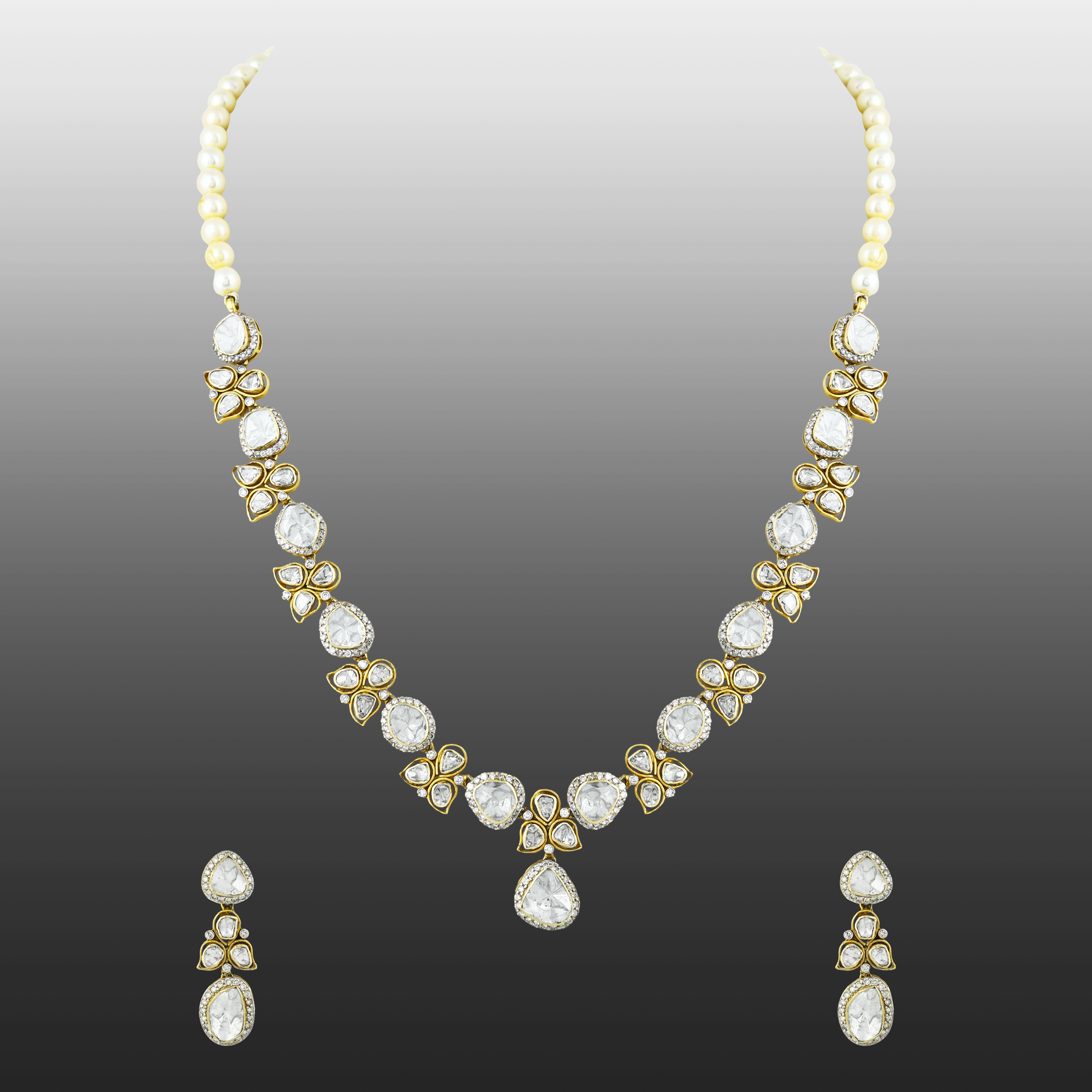 Floral Polki Necklace Set with Pearls and Matching Earrings