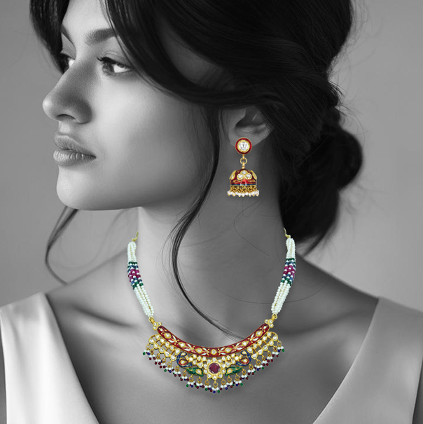 Polki Necklace with Red Enamel and Multicolour Bead Fringes