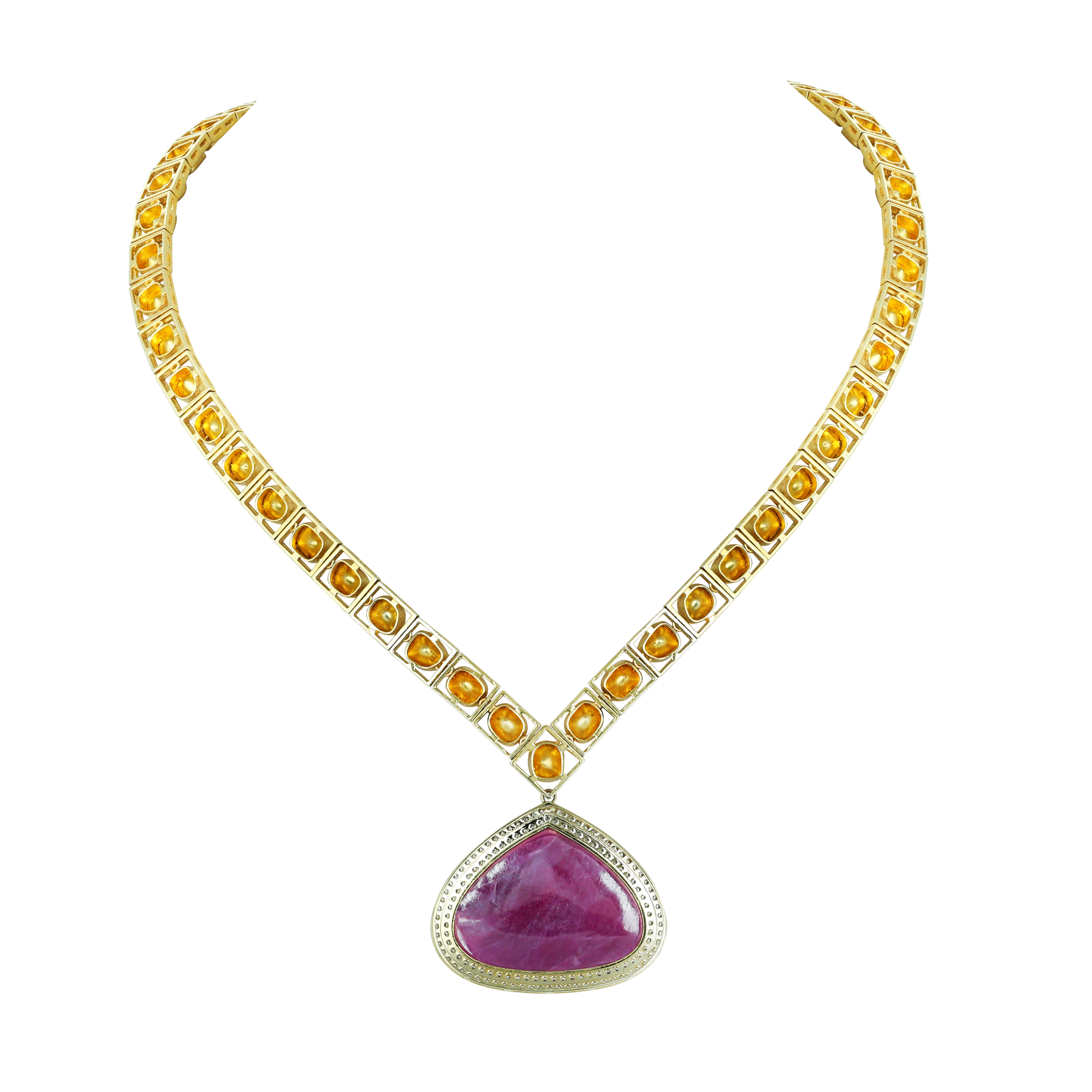 Ruby Polki Pendant Necklace Set with Diamond Halo