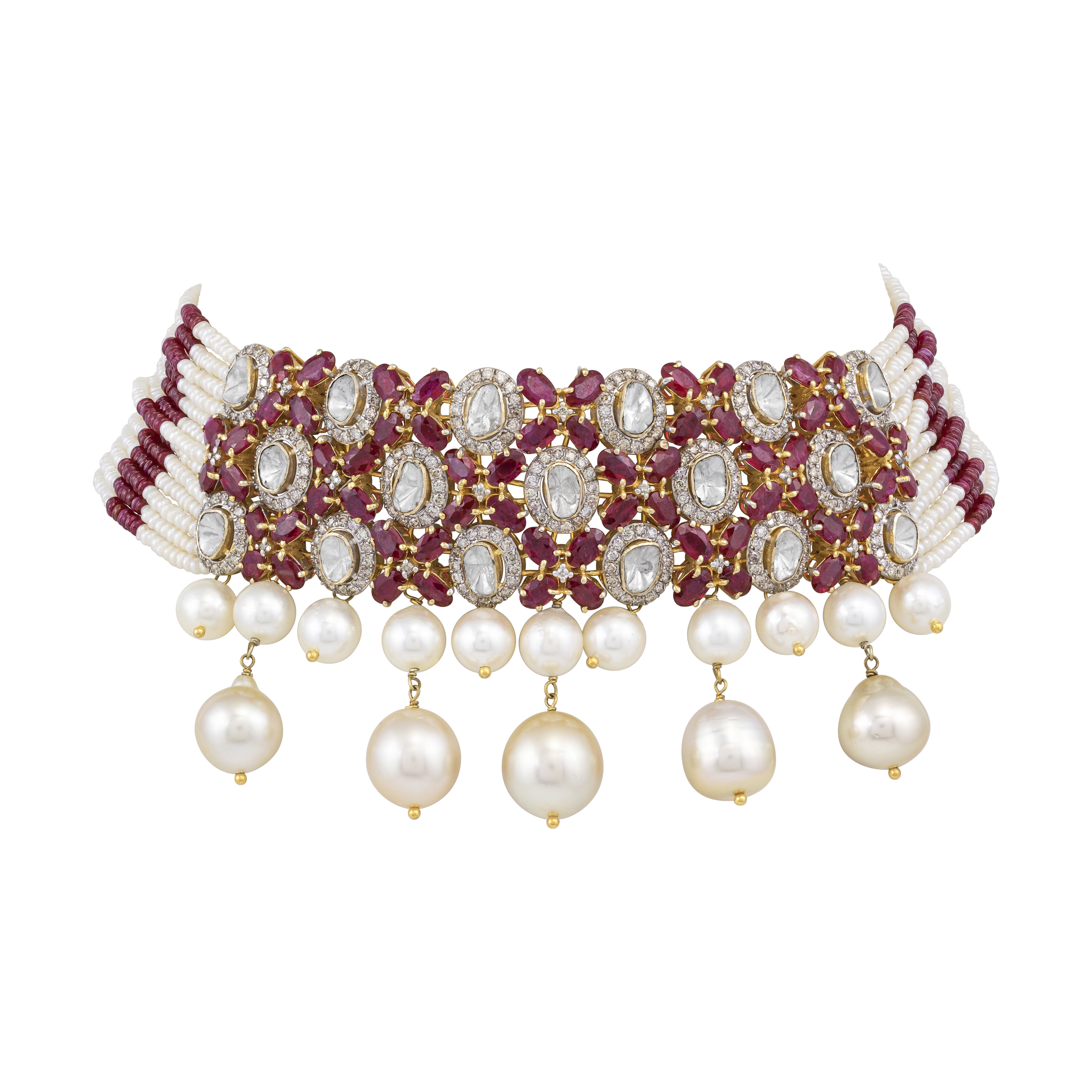 Ruby and Polki Choker with Pearl Strands