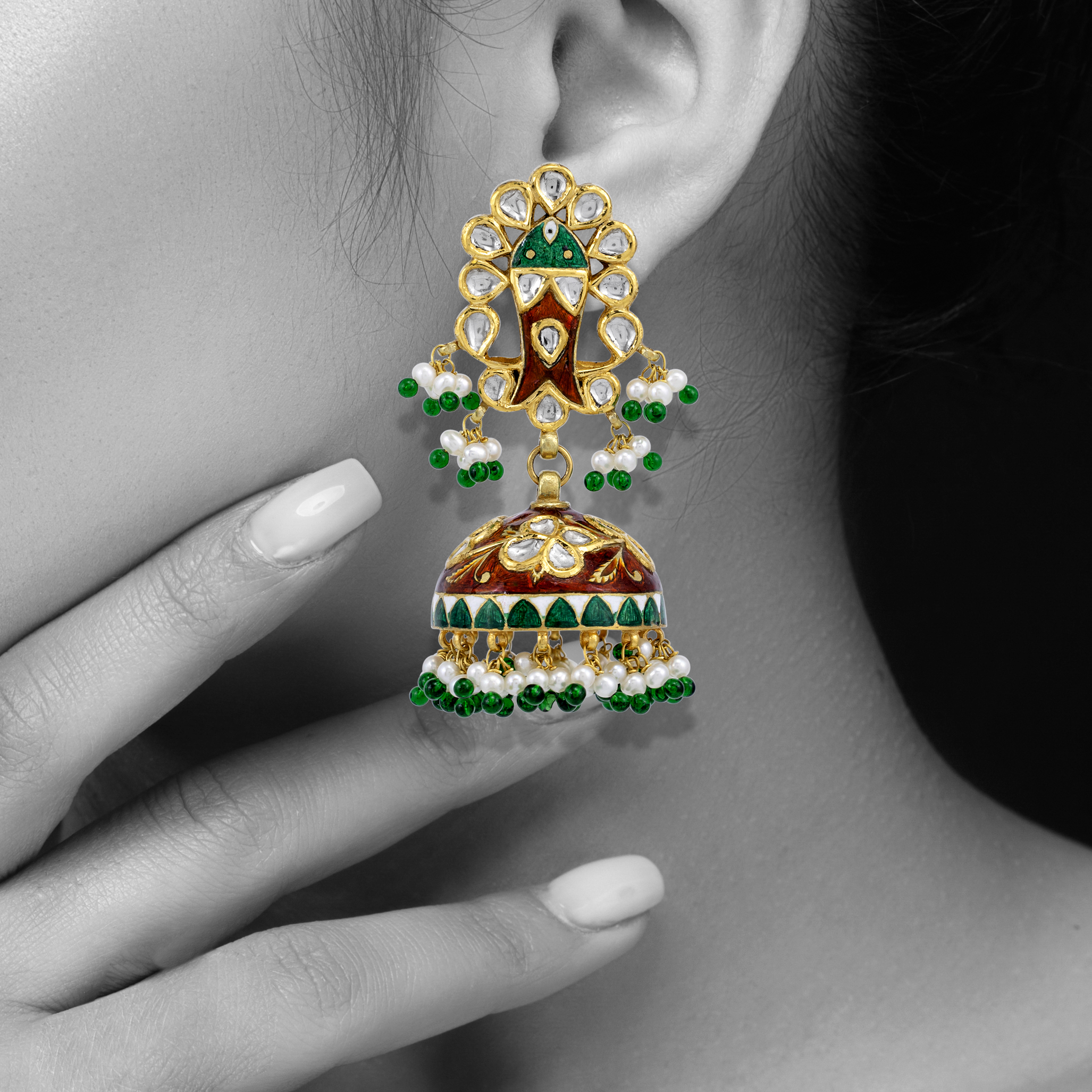 Floral Polki Jhumkas with Pearl fringe