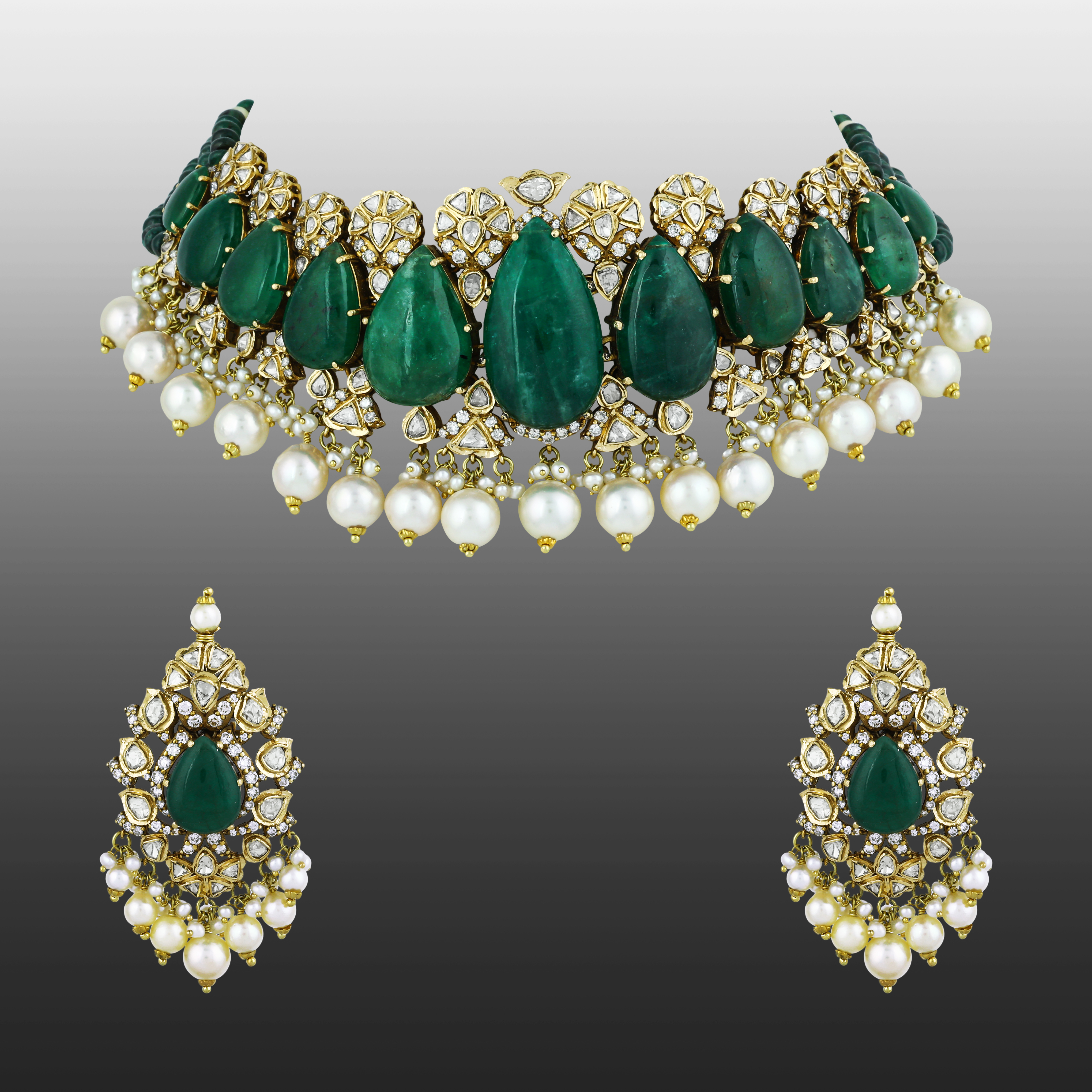 Emerald Drop Cabochon Choker Set with Polki Diamonds and Pearls