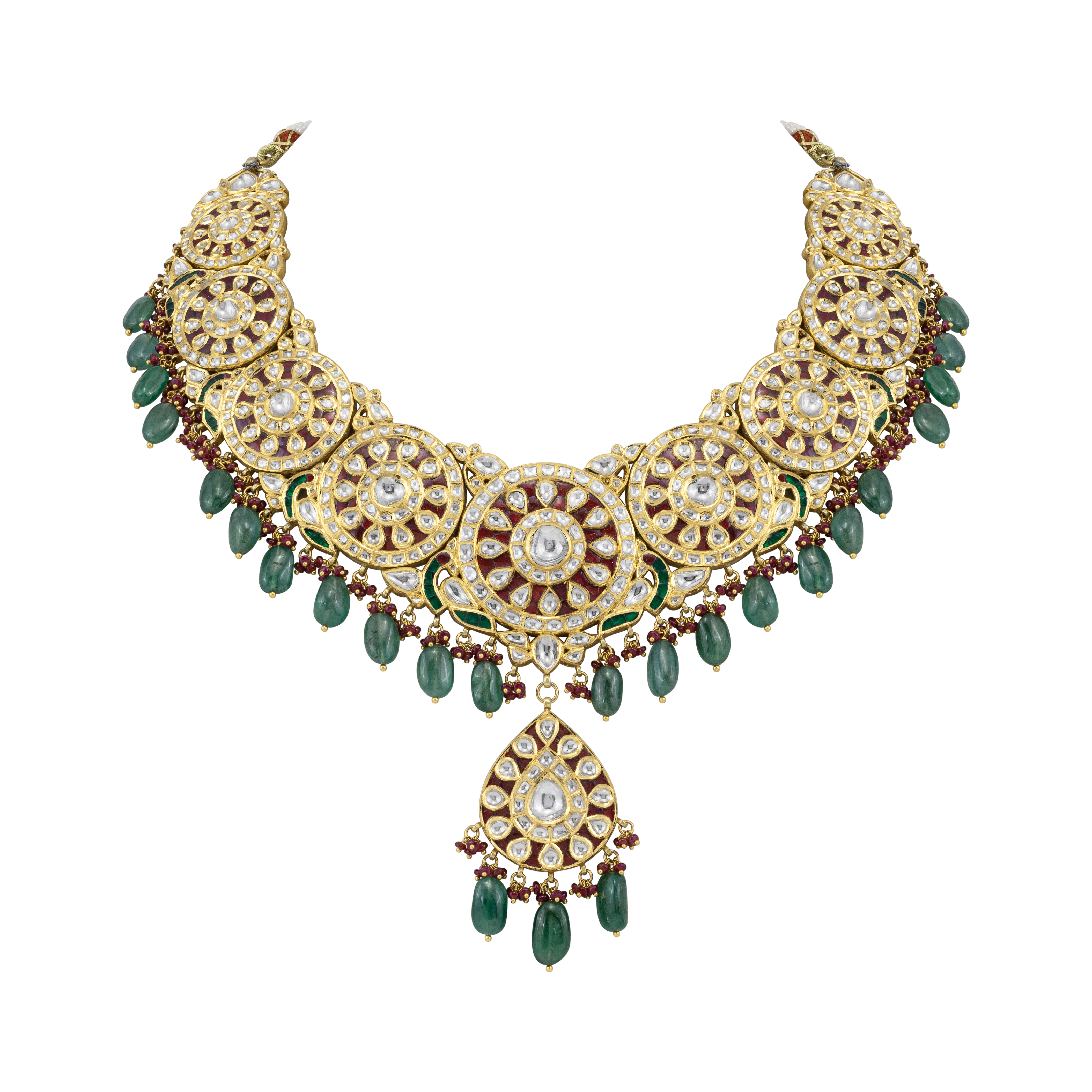 Polki Roundel Necklace with Ruby and Emerald Beads