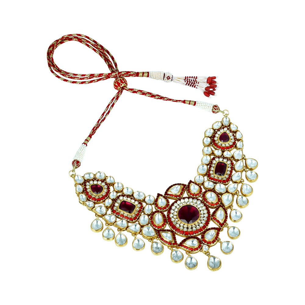 Rhodolite Polki Choker with Red Enamel and Dangling Pear Drops