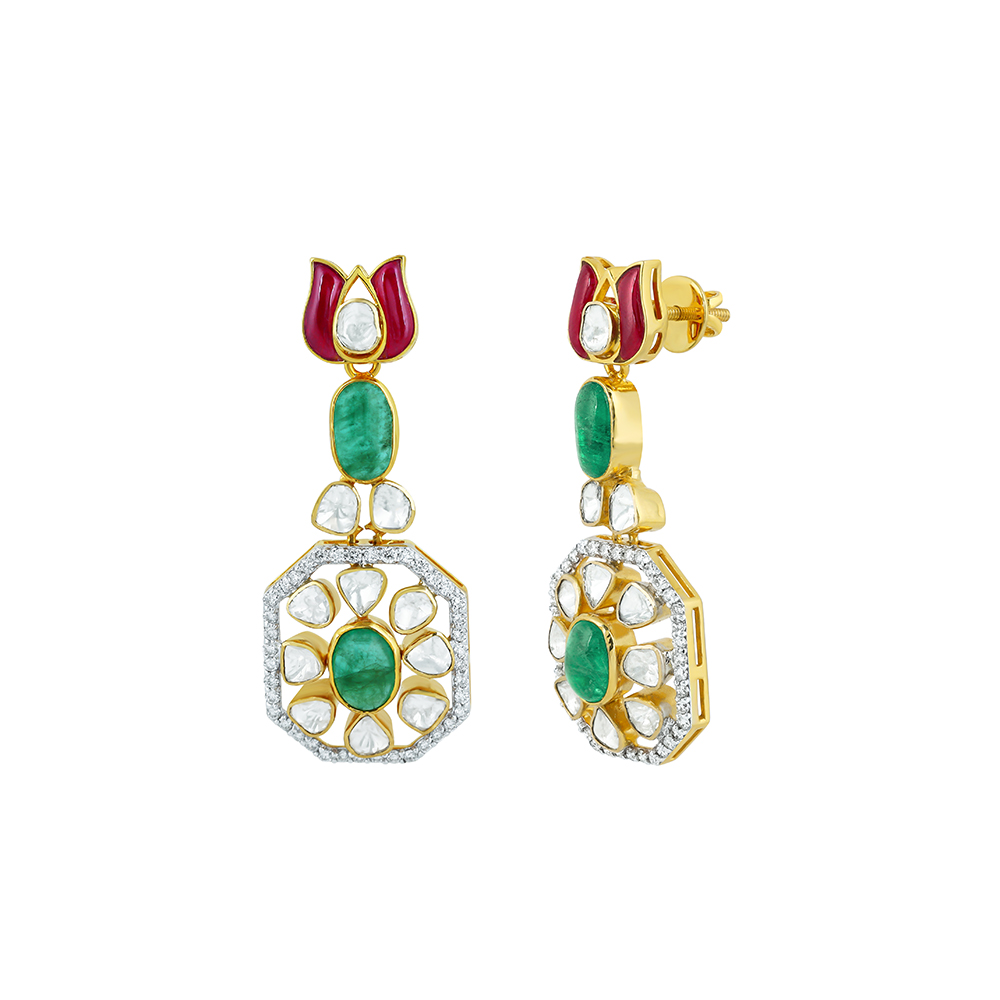 Ruby & Emerald Earrings with Diamond Polki Halo