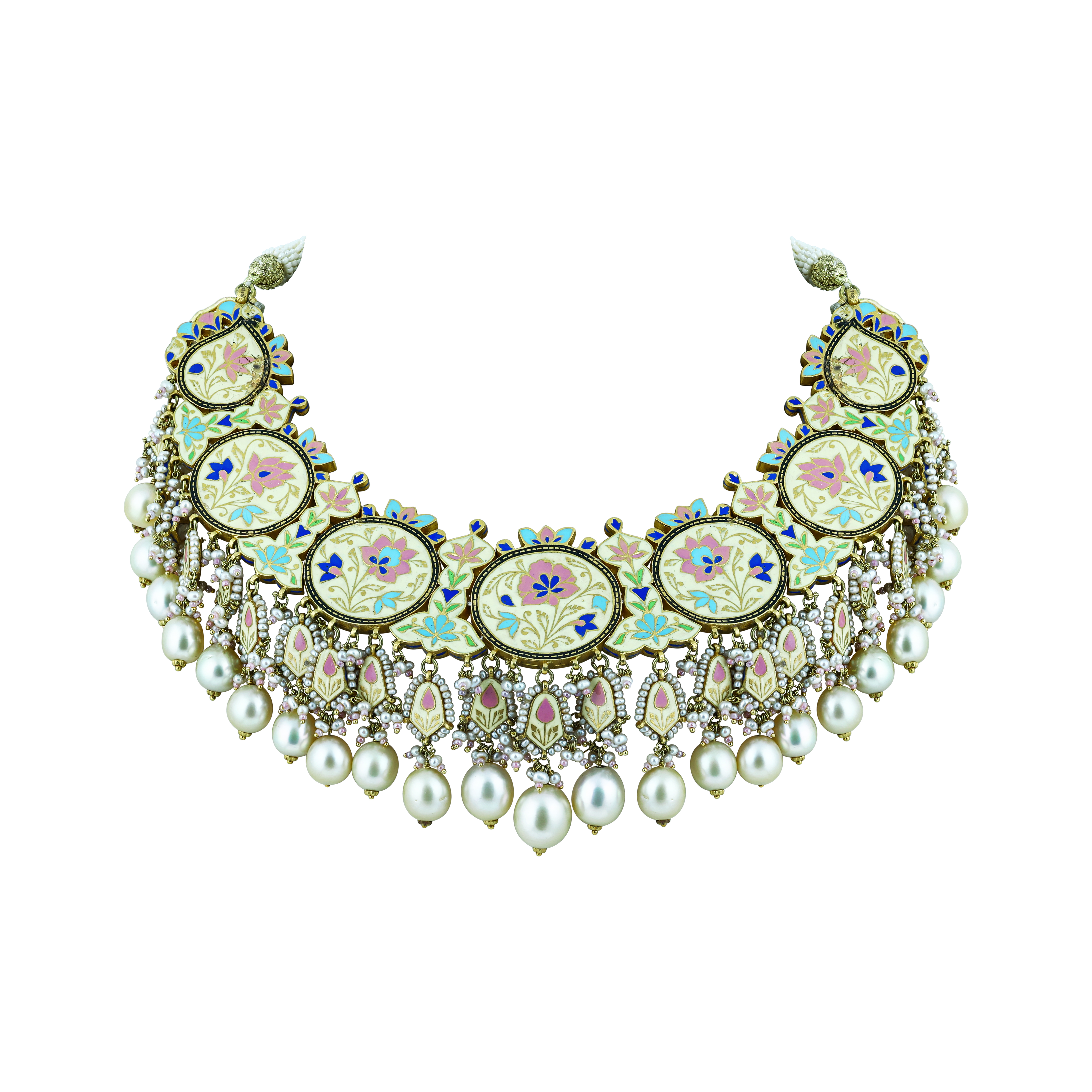 Pink Enamel Necklace Set with Uncut Diamond Polkis & Pearls