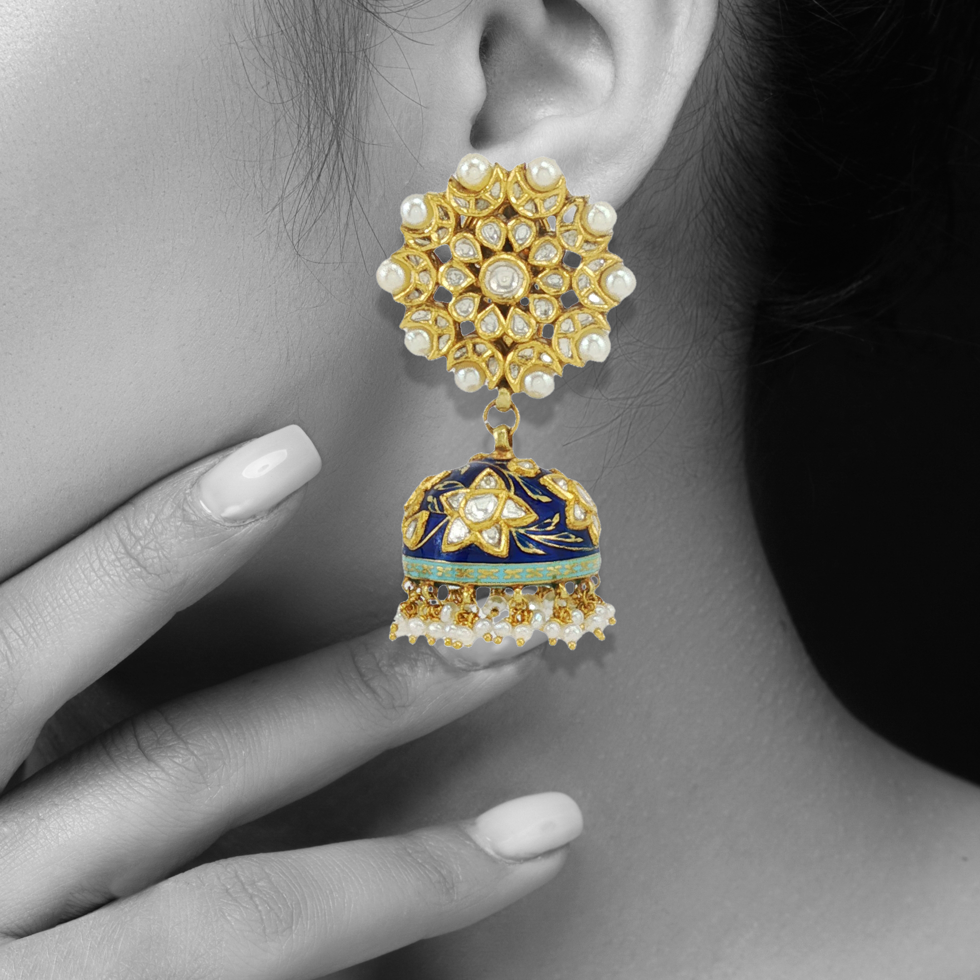 Polki Floral Jhumkas with Enamel Dome