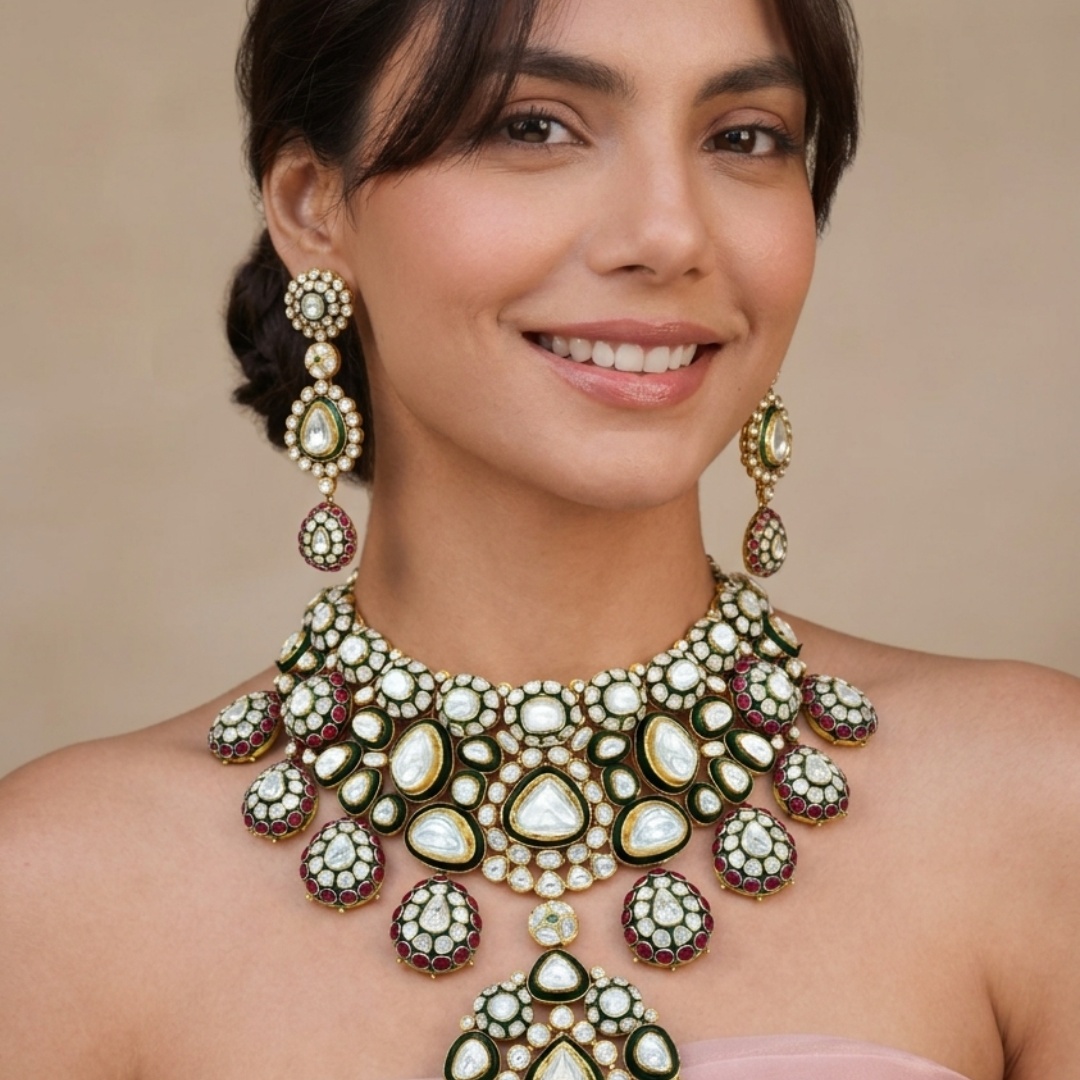 Bridal Polki Choker with Rubies, Green Meena, and Makadi Design Necklace Set