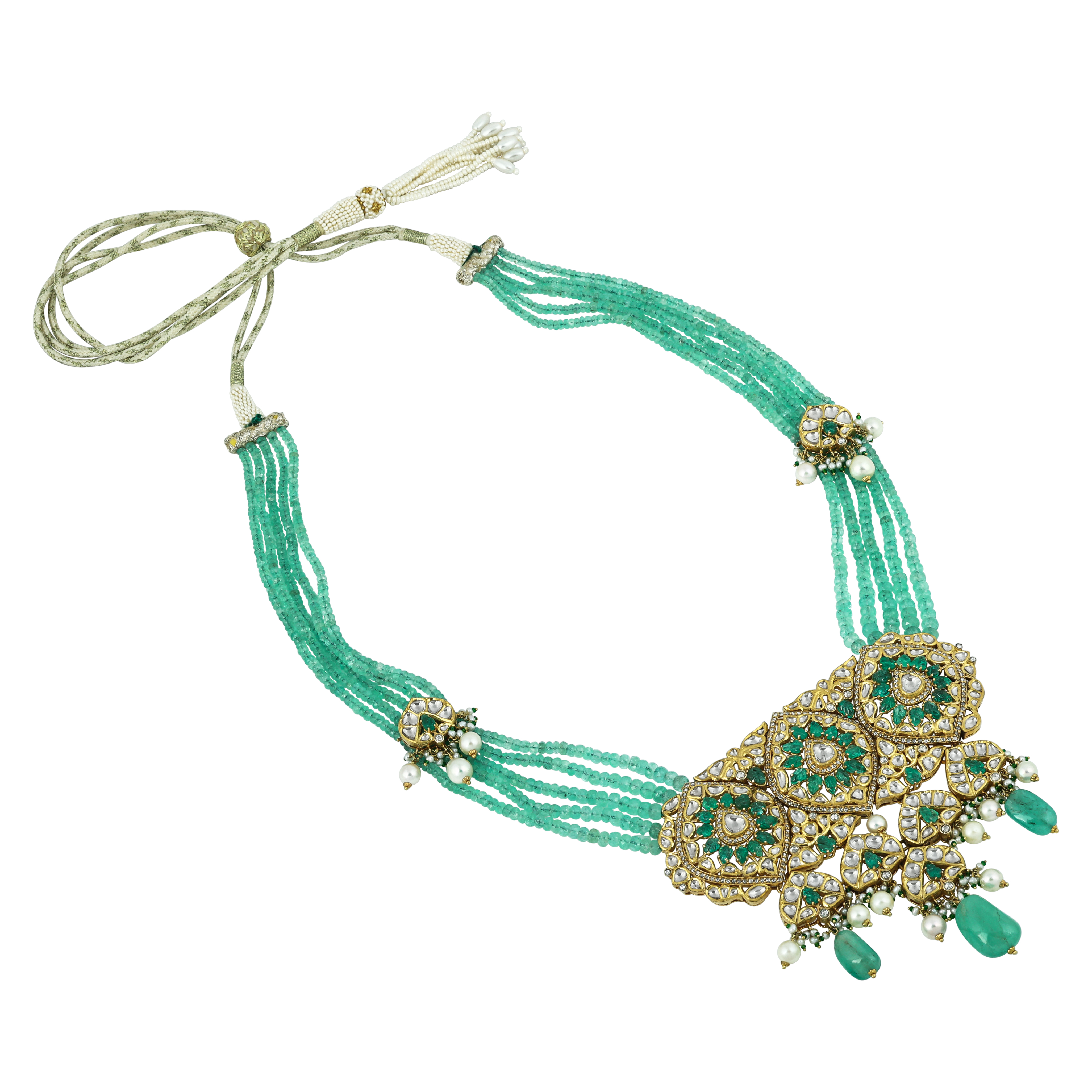 Pendant Necklace Set with Uncut Diamond Polki ,Green Tumble and Pearls