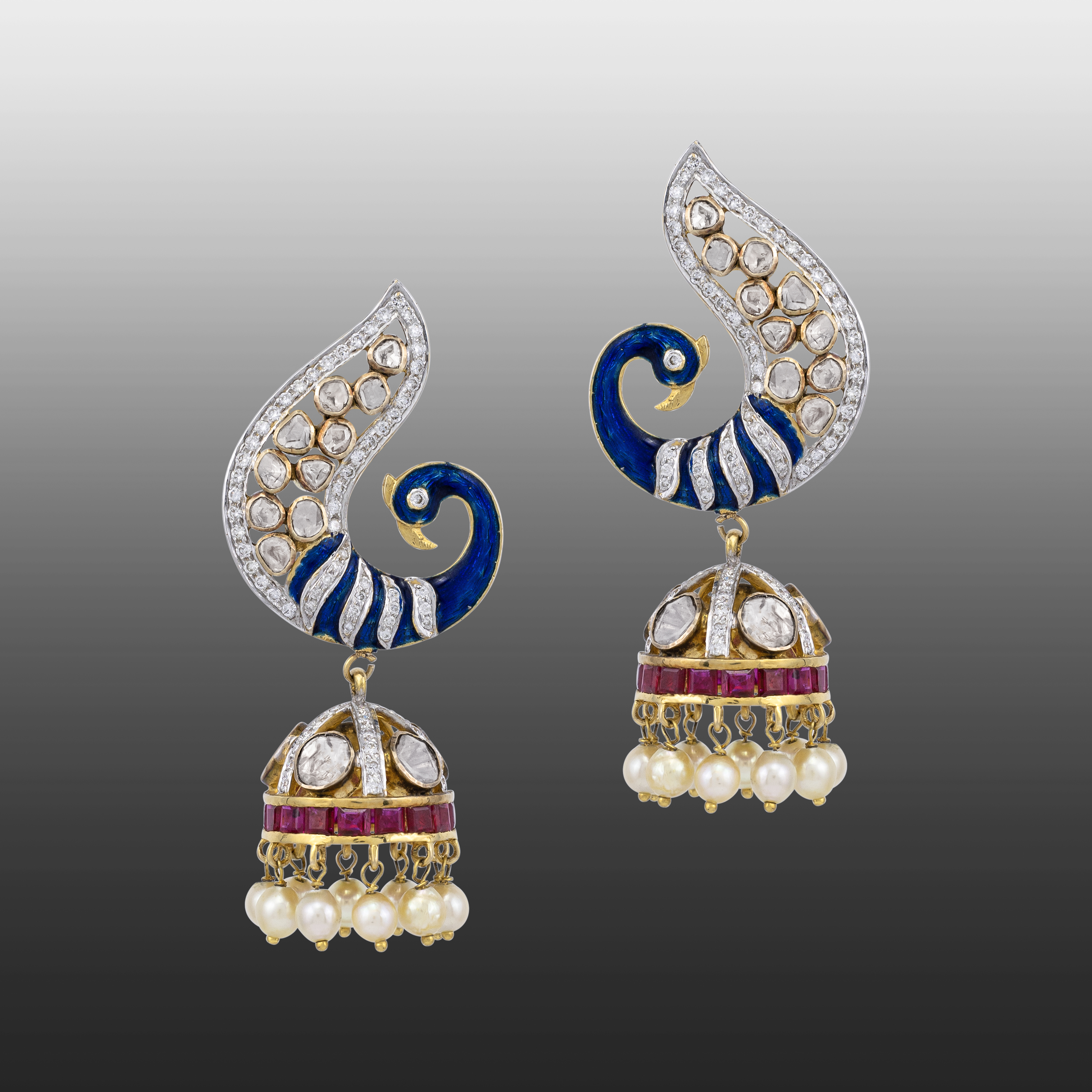 Peacock Danglers with Ruby and Japanese Pearls