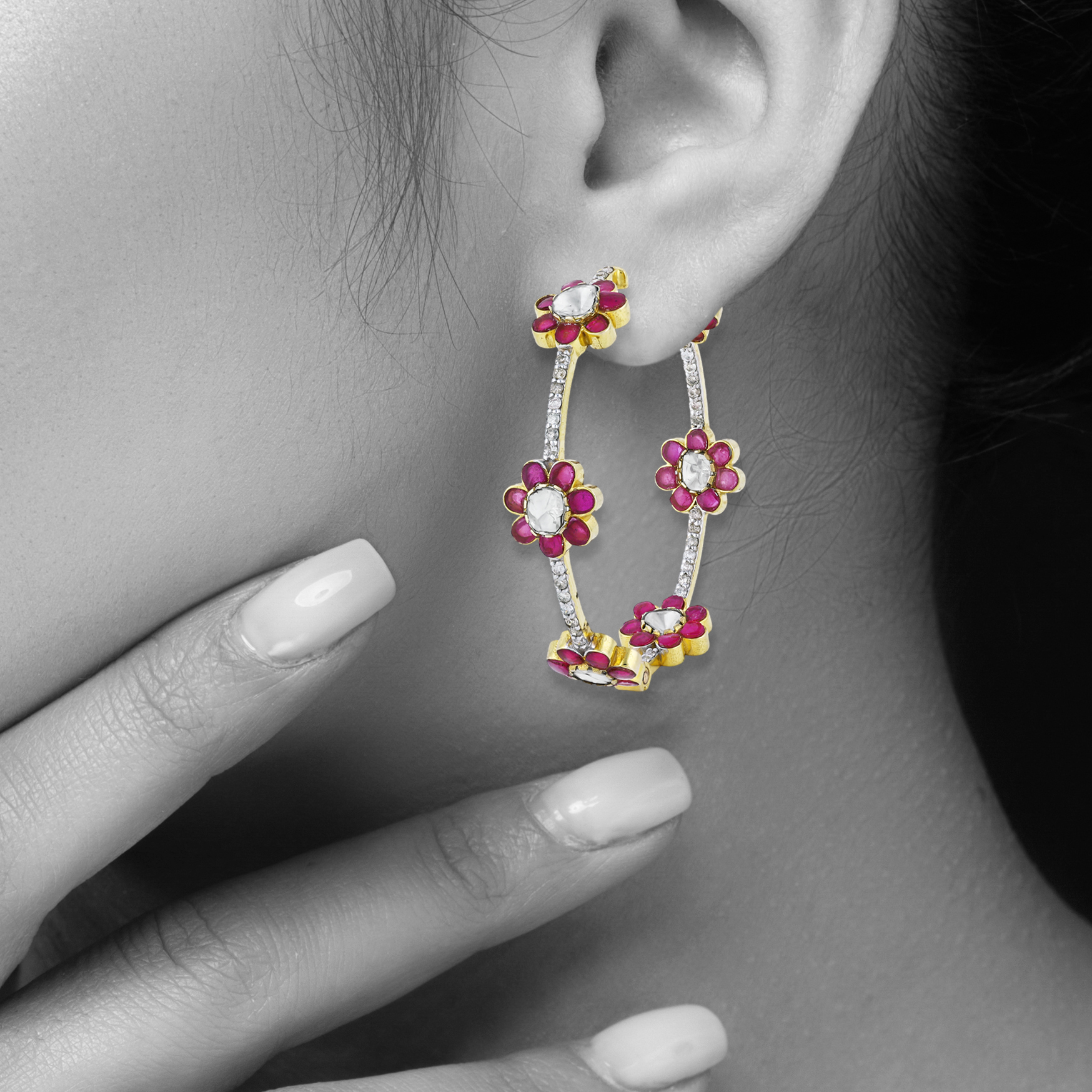 Red Talaf Floral Hoop Earrings with Polki and Diamonds
