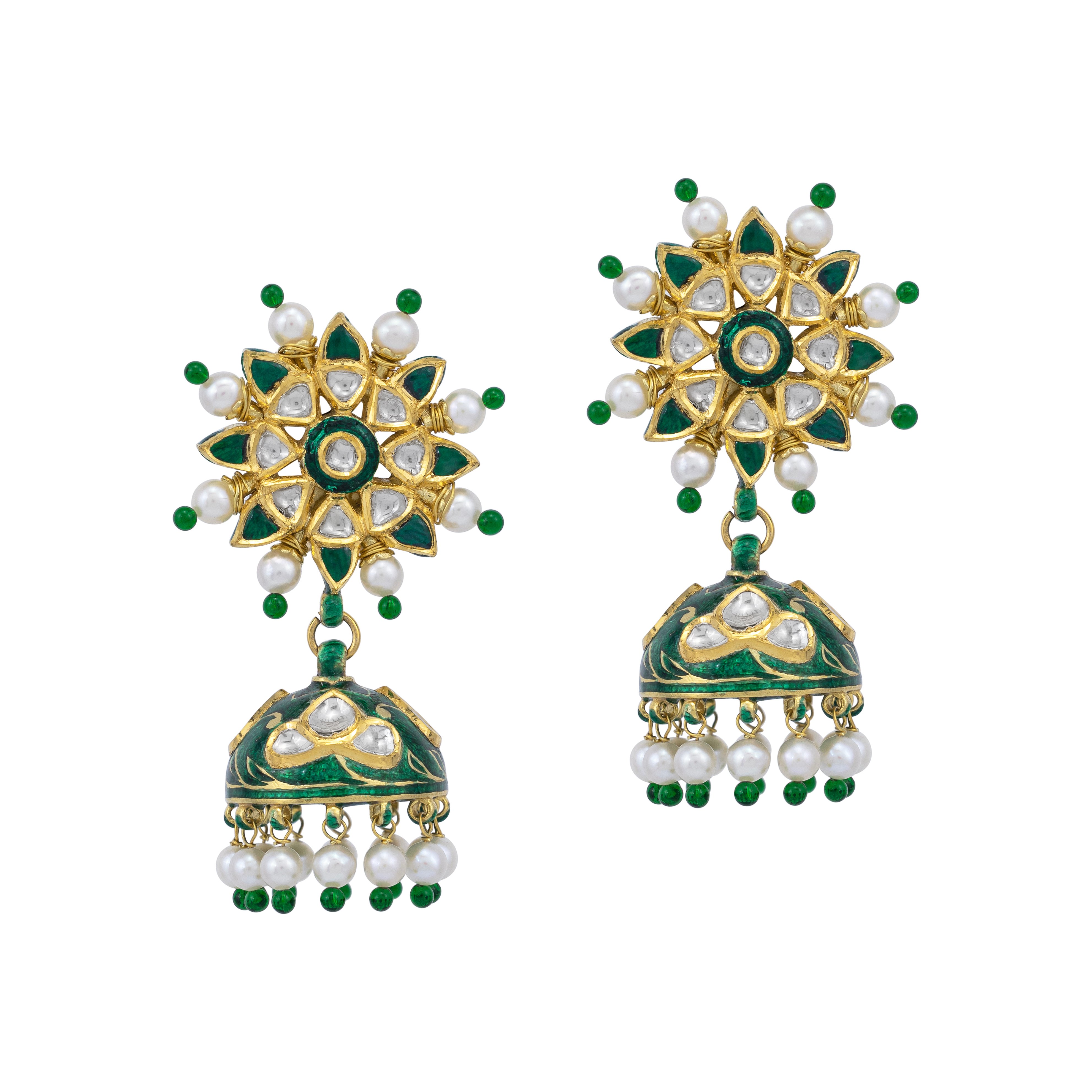 Floral Polki Jhumkas with Green Bead Fringe
