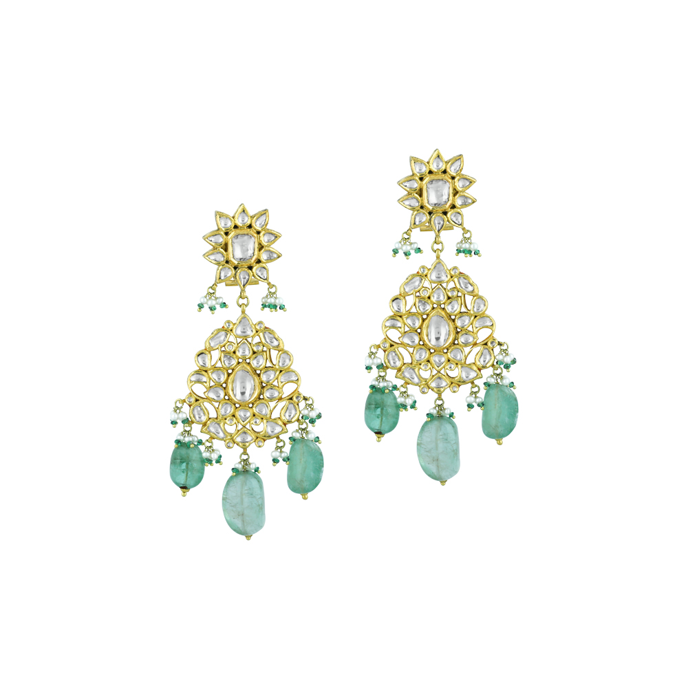 Polki Necklace Set with Gold Detailing and Emerald Drops